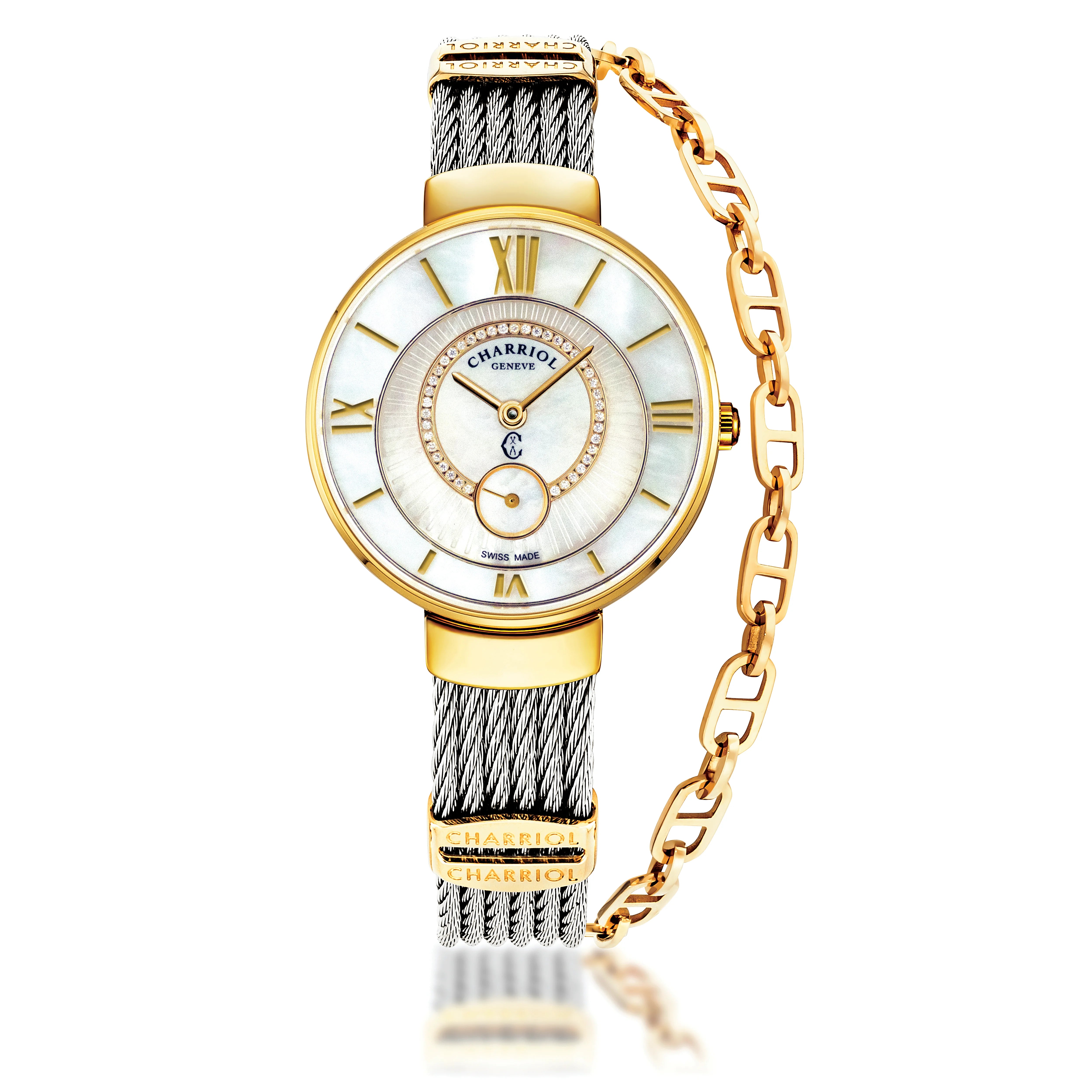 ST-TROPEZ® ECLIPSE, 30MM, STEEL YELLOW GOLD PVD BEZEL, WHITE MOTHER-OF-PEARL WITH 41 DIAMONDS & ROMAN NUMERAL DIAL, STEEL CABLE WITH YELLOW GOLD PVD DECORS BRACELET - ©2025 Philippe Charriol International Ltd. -  Watch