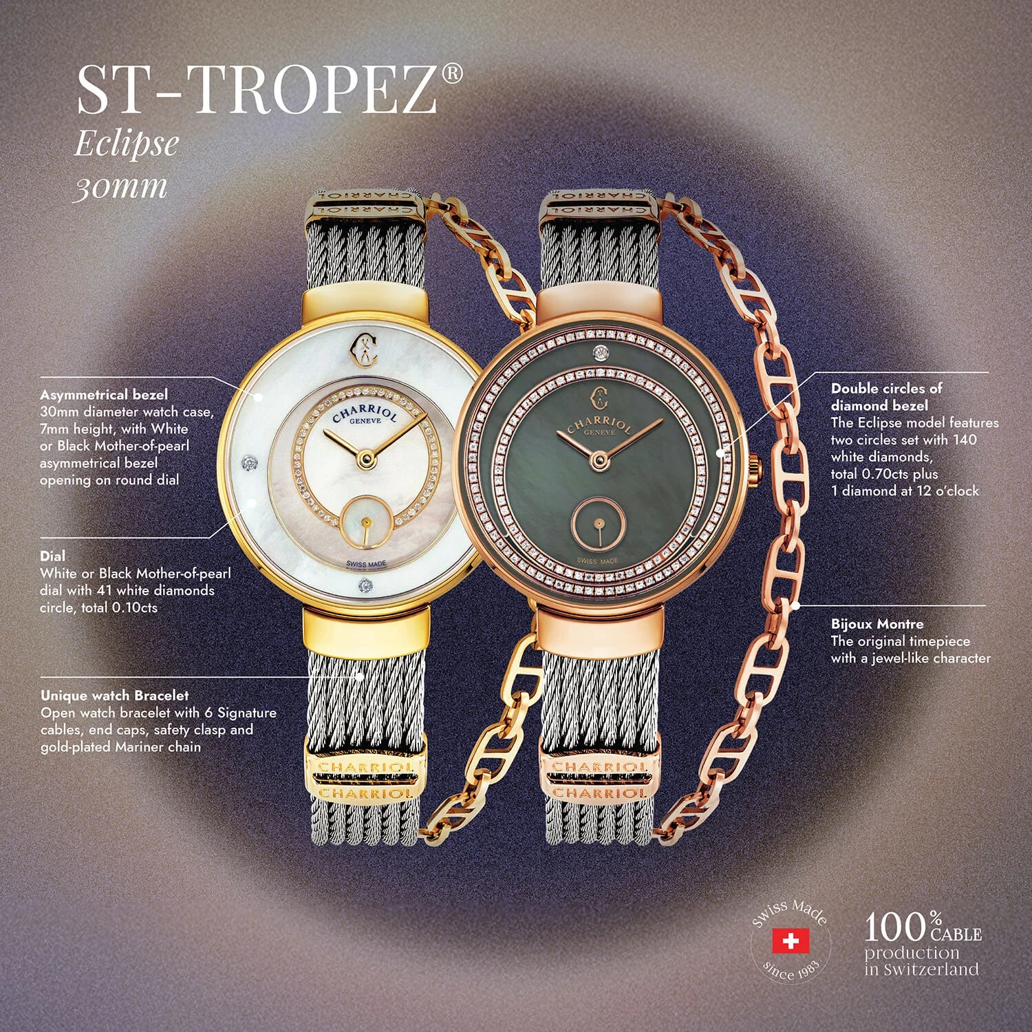 ST-TROPEZ® ECLIPSE, 30MM, STEEL YELLOW GOLD PVD BEZEL, WHITE MOTHER-OF-PEARL WITH 41 DIAMONDS & ROMAN NUMERAL DIAL, STEEL CABLE WITH YELLOW GOLD PVD DECORS BRACELET - Charriol -  Watch