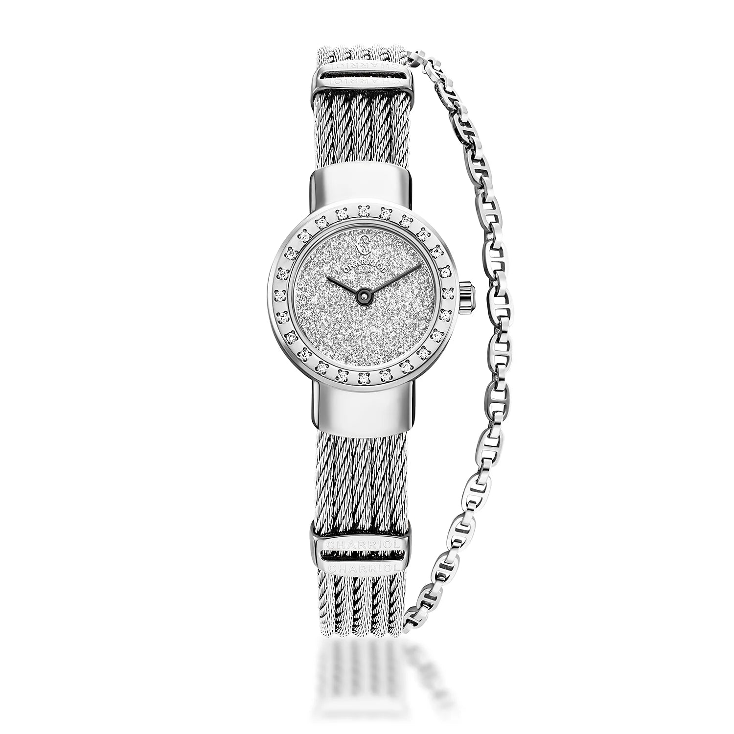 ST TROPEZ GLITTERS, 20MM, QUARTZ CALIBRE, WHITE GLITTER DIAL, STEEL WITH 24 DIAMONS BEZEL, STEEL CABLE BRACELET - Charriol Geneve -  Watch