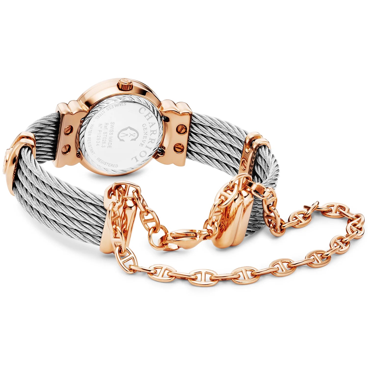 St Tropez Icon 24.5mm Watch Rose Gold PVD, Steel Cable, Charriol Bezel and 12 Diamonds Pink MOP Dial - Charriol Geneve -  Watch