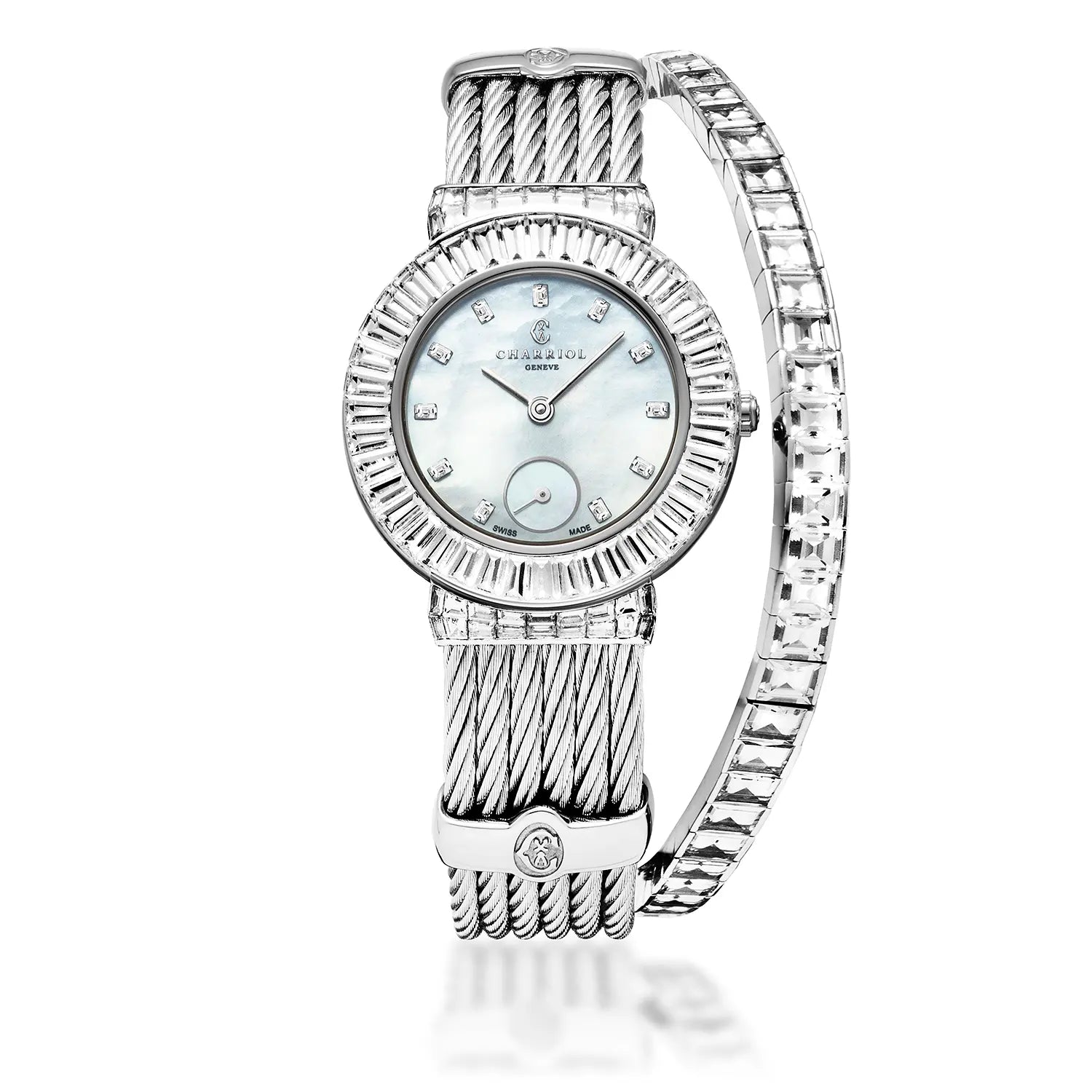 ST TROPEZ ICON, 30MM, QUARTZ CALIBRE, MOTHER-OF-PEARL WITH 11 DIAMONDS BAGUETTES, FULL DIAMONDS BAGUETTES BEZEL, STEEL CABLE WITH DIAMONDS BAGUETTES BRACELET - Charriol Geneve -  Watch
