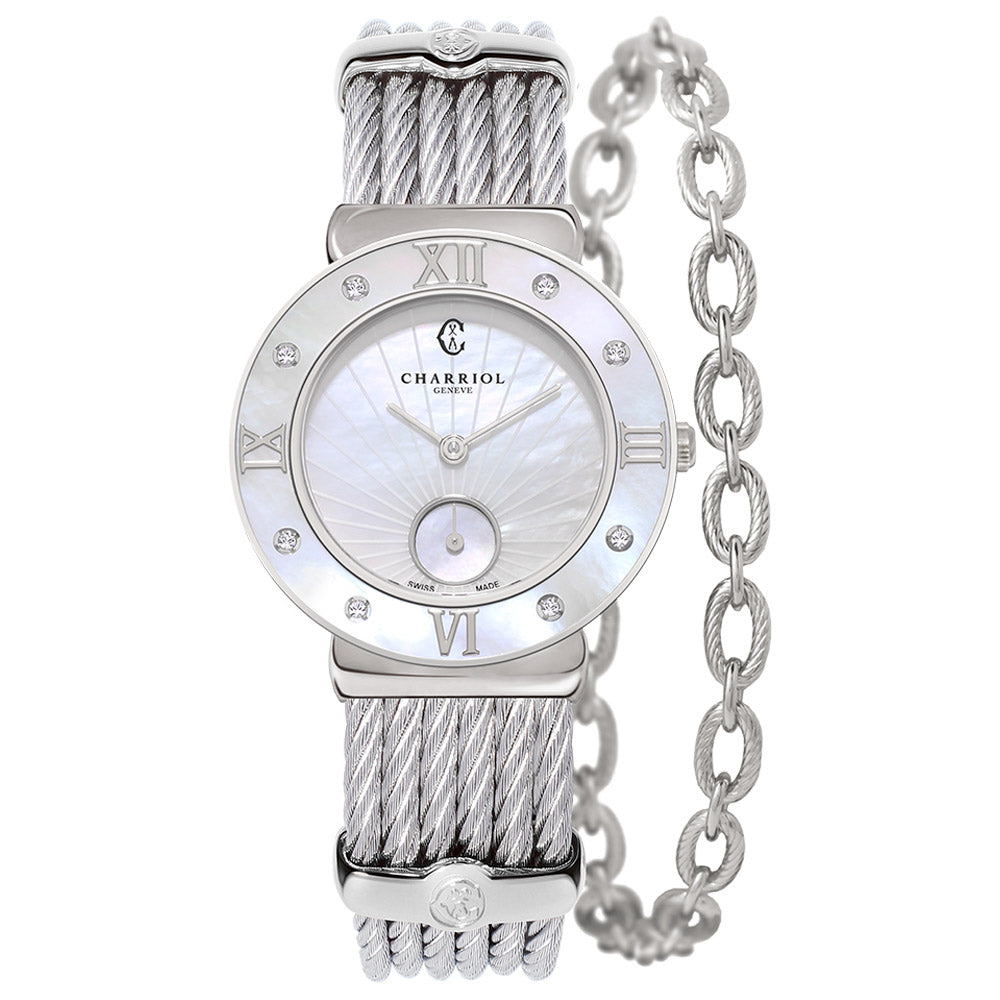 St Tropez Icon 30mm Watch Light Grey, Light Grey Cable, White Mother of Pearl with 8 Diamonds and White Mother of Pearl "Sunflare" Dial.
