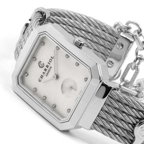 St Tropez Mansart Watch Light Grey, Steel Cable, Light Grey Bezel and White Mother of Pearl with 11 Diamonds Dial