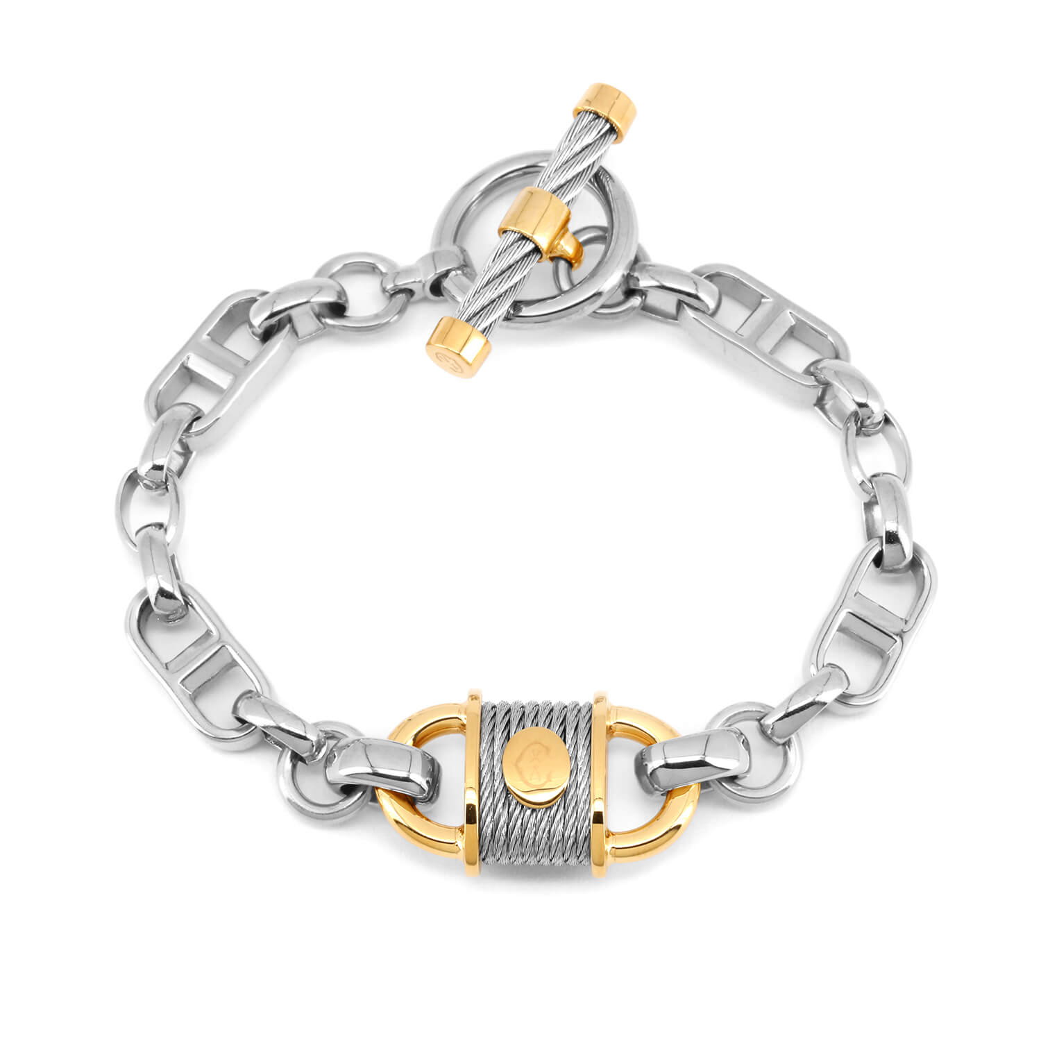 TT Tri-Colour Link Stainless Steel Bracelet For Men - Silver/Gold/Black, 21cm, Nickel-Free