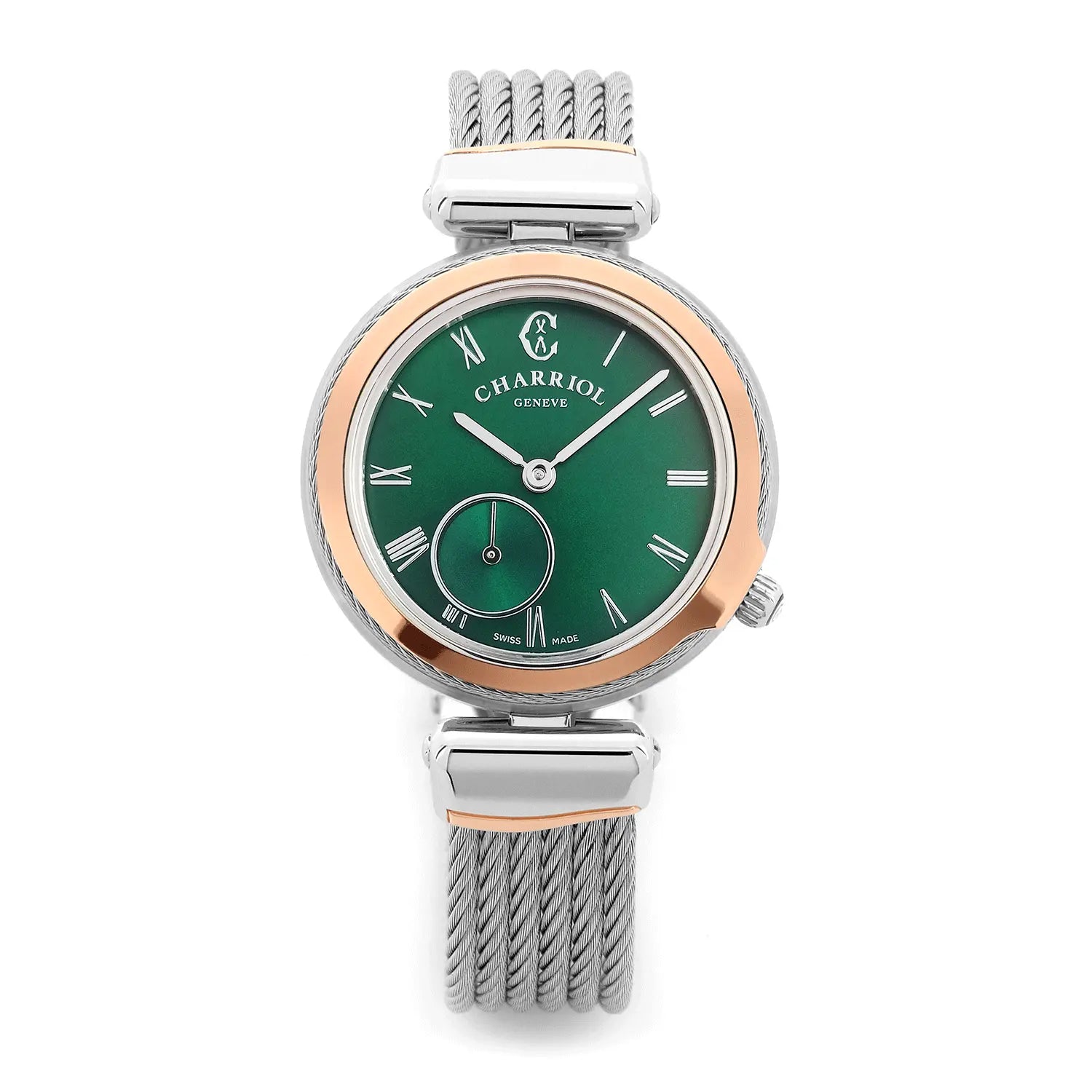 Celtic Legacy 30mm Light Grey Cable, Rose Gold PVD Bezel and Green Dial - Charriol Geneve -  Watch