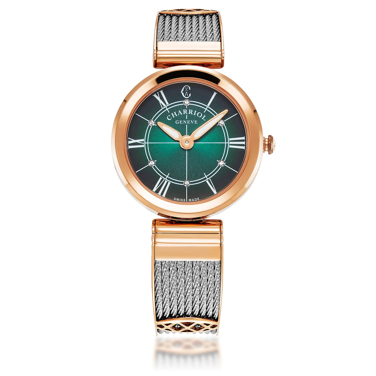 Elegant collection of Swiss Made watches FOREVER 32MM QUARTZ CALIBRE GREEN DIAL STEEL ROSE GOLD PVD BEZEL STEEL CABLE BRACELET Charriol