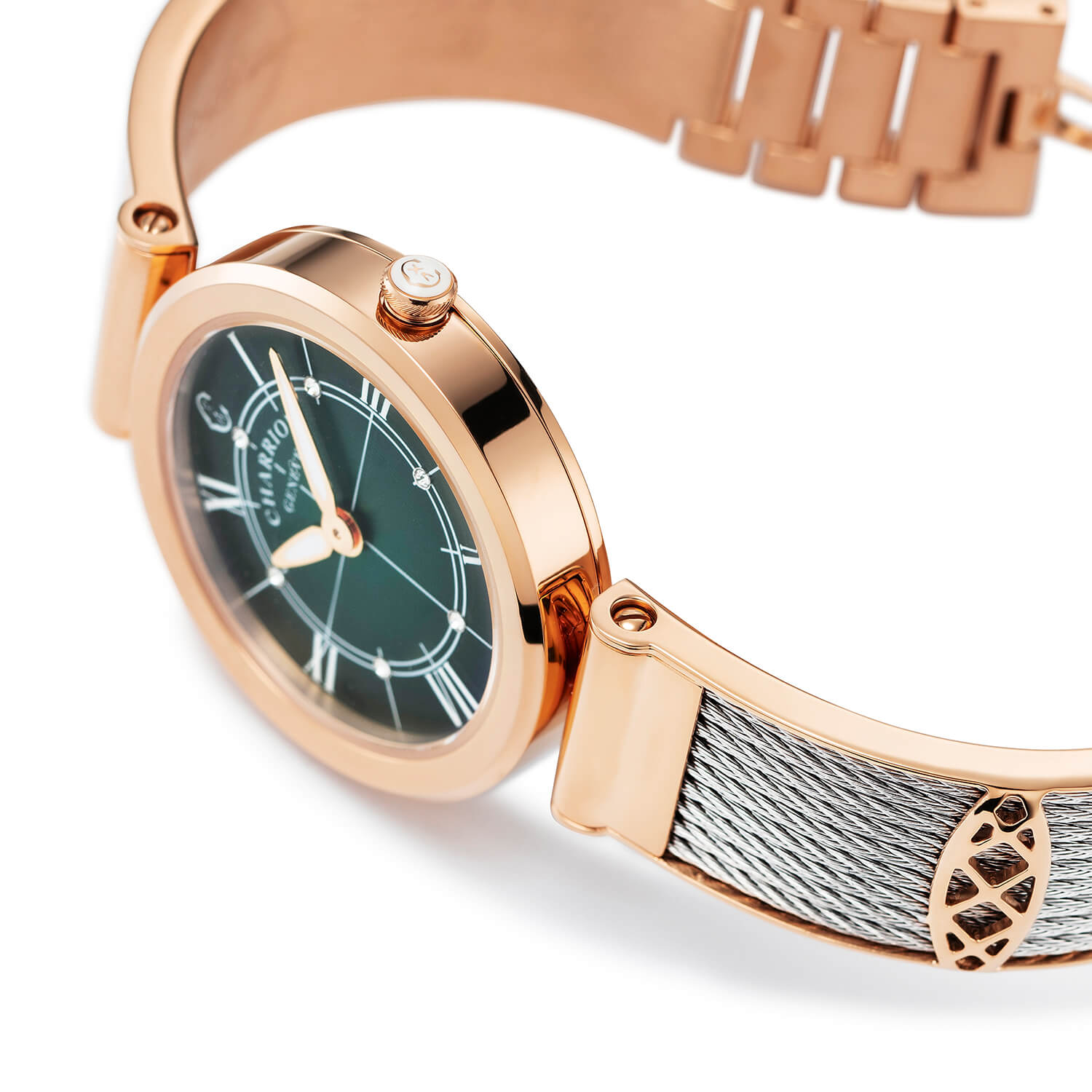 FOREVER, 32MM, QUARTZ CALIBRE, GREEN DIAL, STEEL ROSE GOLD PVD BEZEL, STEEL CABLE BRACELET - Charriol Geneve -  Watch