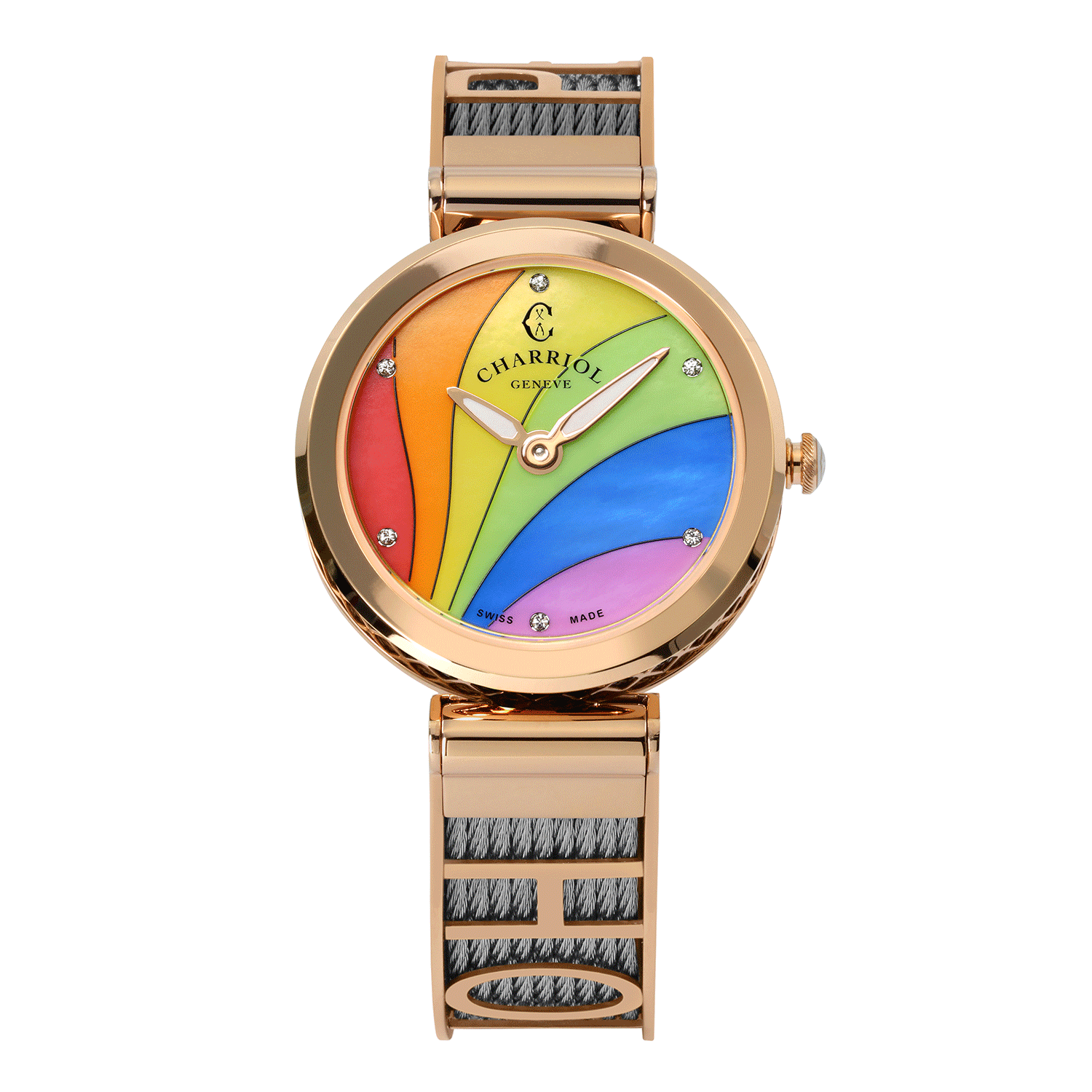 FOREVER YOURS, 32MM, QUARTZ CALIBRE. RAINBOW WITH 6 ZIRCONIAS DIAL, STEEL ROSE GOLD PVD BEZEL, STEEL CABLE BRACELET