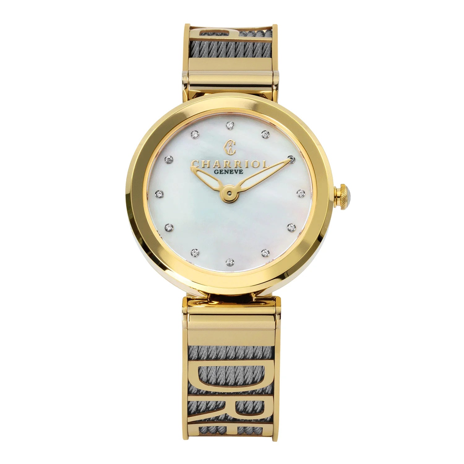 FOREVER YOURS, 32MM, QUARTZ CALIBRE, MOTHER-OF-PEARL WITH 12 DIAMONDS DIAL, YELLOW GOLD PVD BEZEL, STEEL CABLE BRACELET - Charriol Geneve -  Watch
