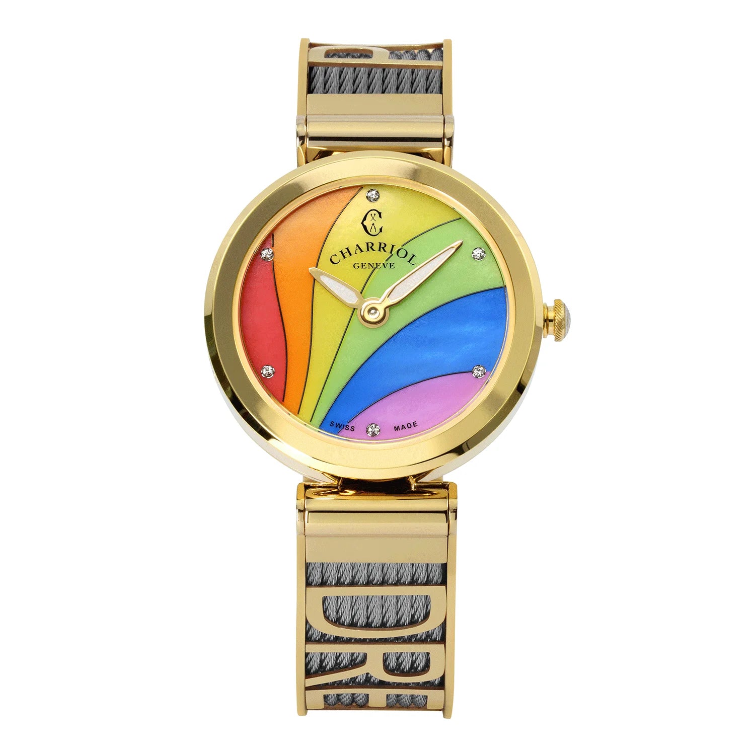 FOREVER YOURS, 32MM, QUARTZ CALIBRE, RAINBOW WITH 6 ZIRCONIAS DIAL, STEEL YELLOW GOLD PVD BEZEL, STEEL CABLE BRACELET - Charriol Geneve -  Watch