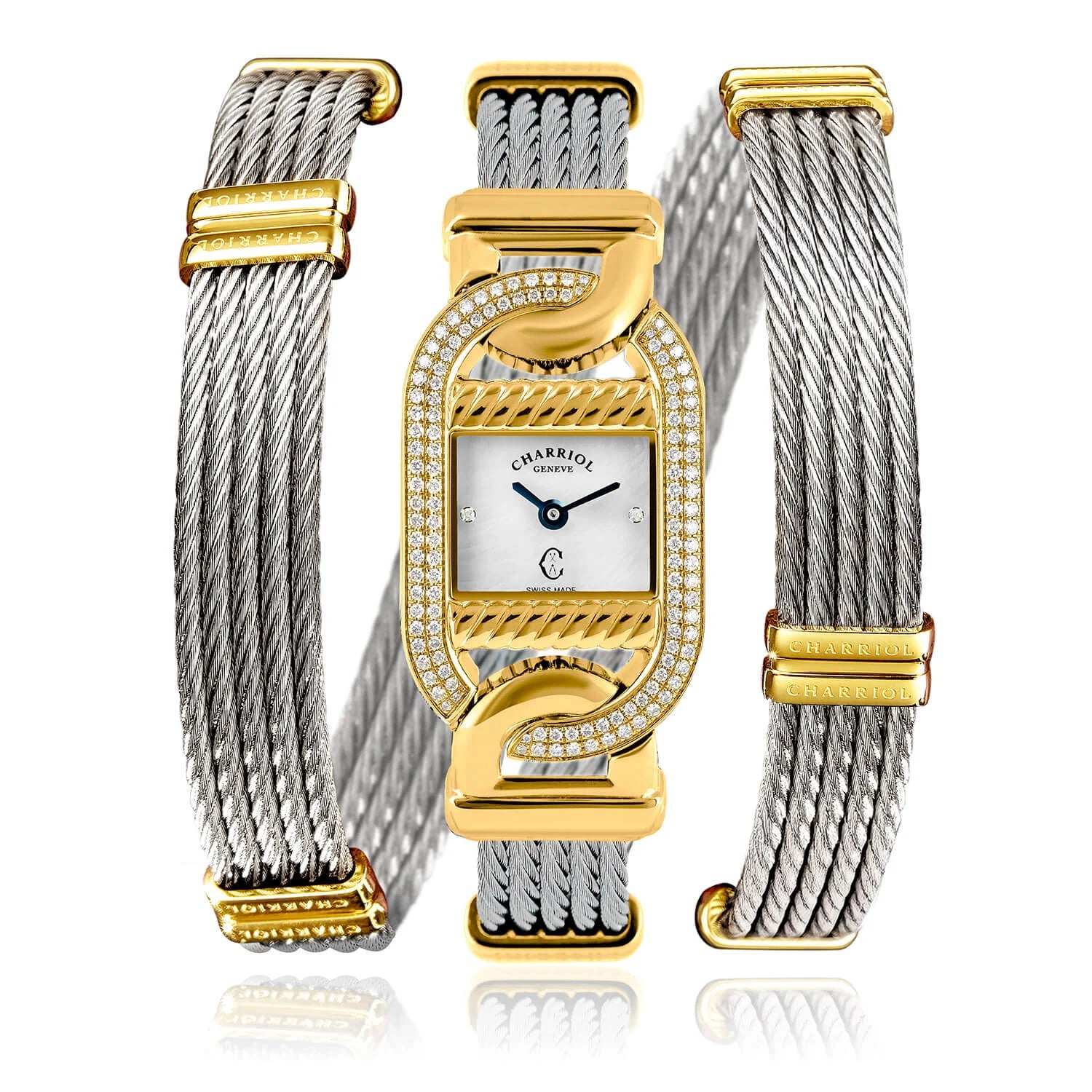 MARINER, 20MM, QUARTZ CALIBRE, STEEL YELLOW GOLD PVD WITH 128 DIAMONDS CASE, WHITE MOTHER-OF-PEARL WITH 2 DIAMONDS DIAL, STEEL TWISTED CABLE BRACELET