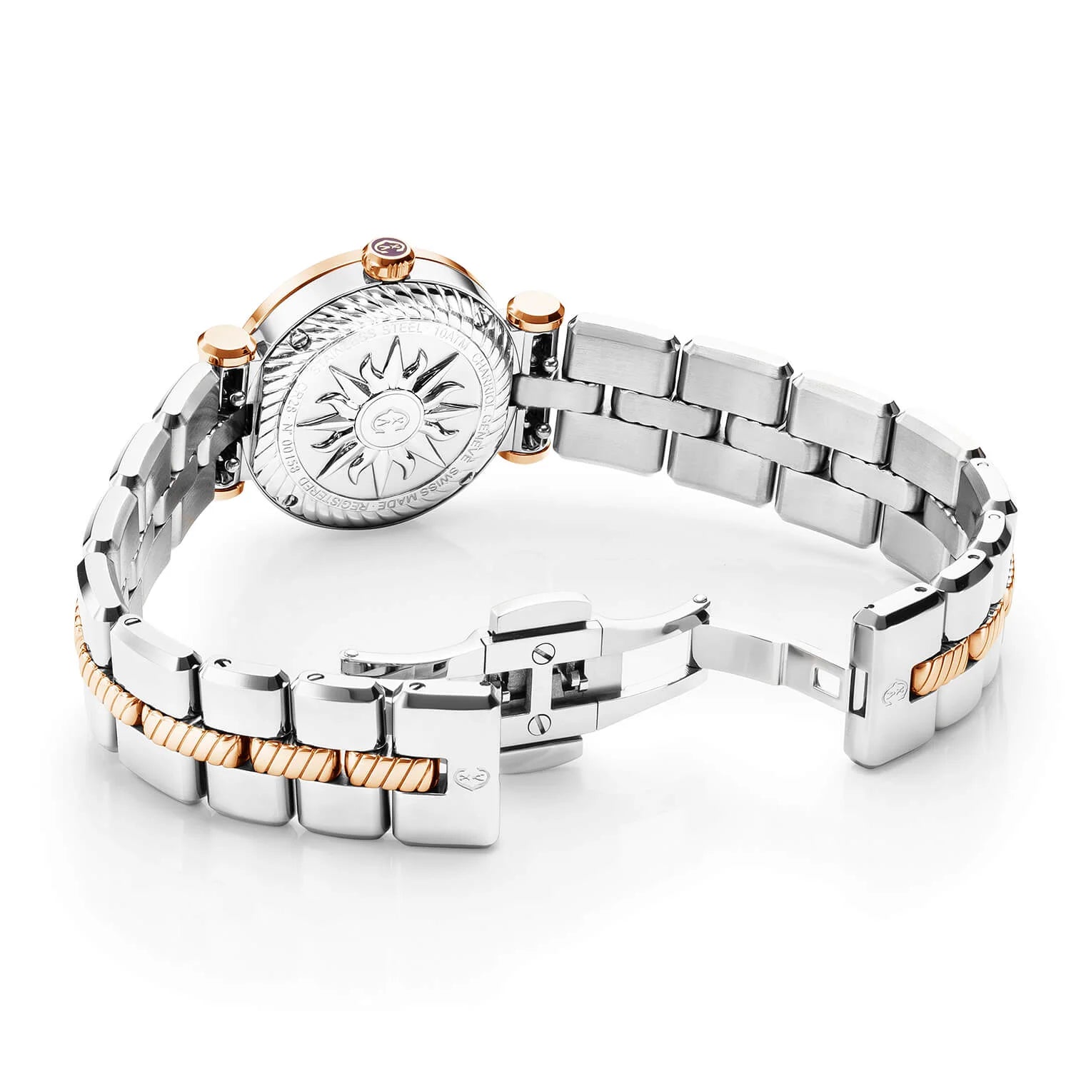 NAVIGATOR CRUISE, 28MM, QUARTZ CALIBRE, WHITE MOTHER-OF-PEARL WITH ROSE GOLD PVD INDEX DIAL, STEEL ROSE GOLD PVD "CHARRIOL CHARRIOL" WITH 2 SCREWS BEZEL, METAL BICOLOR INTERCHANGEABLE BRACELET - © 2024 Charriol -  Watch
