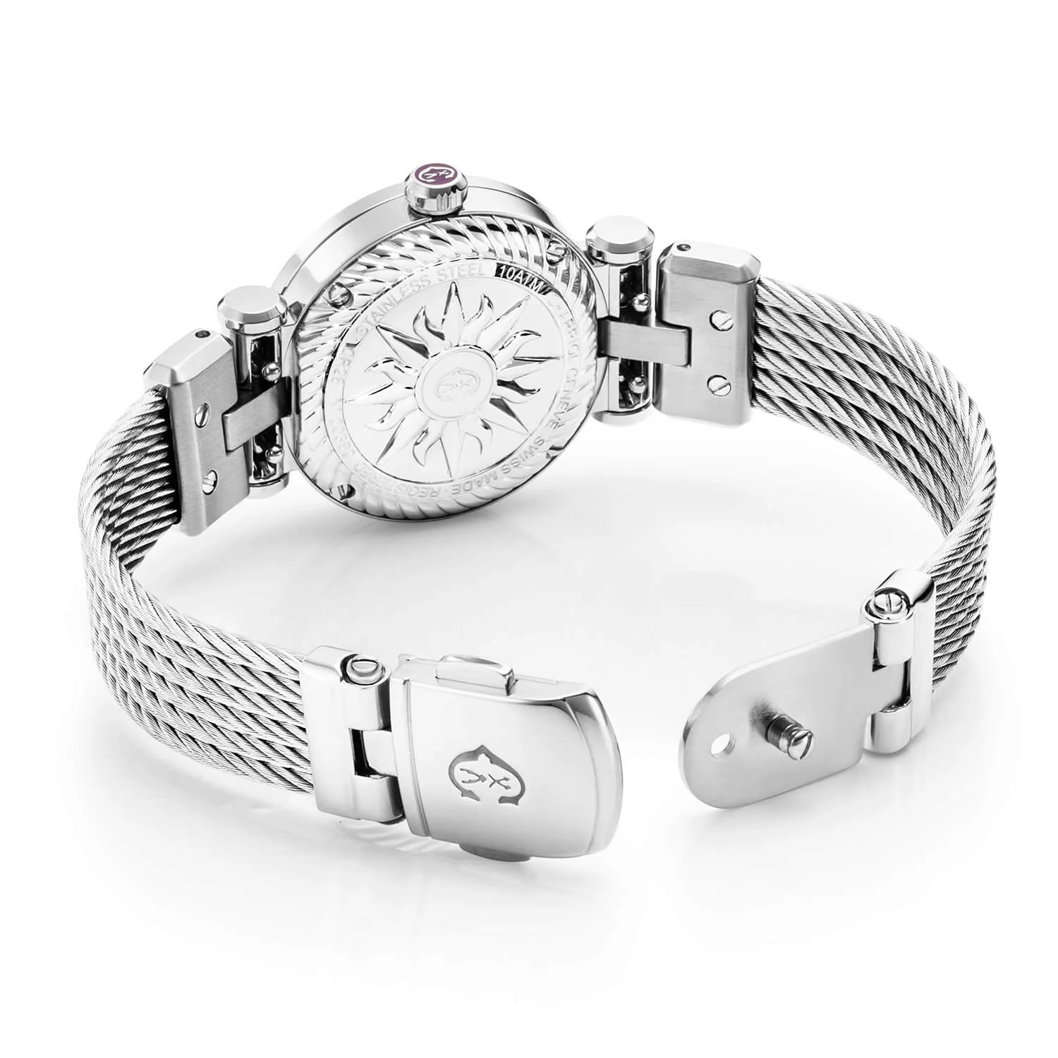 NAVIGATOR CRUISE, 28MM, QUARTZ CALIBRE, WHITE MOTHER-OF-PEARL WITH 12 ROMAN FIGURES DIAL, STEEL WITH 30 DIAMONDS BEZEL, STEEL INTERCHANGEABLE CABLE BRACELET - © 2024 Charriol -  Watch