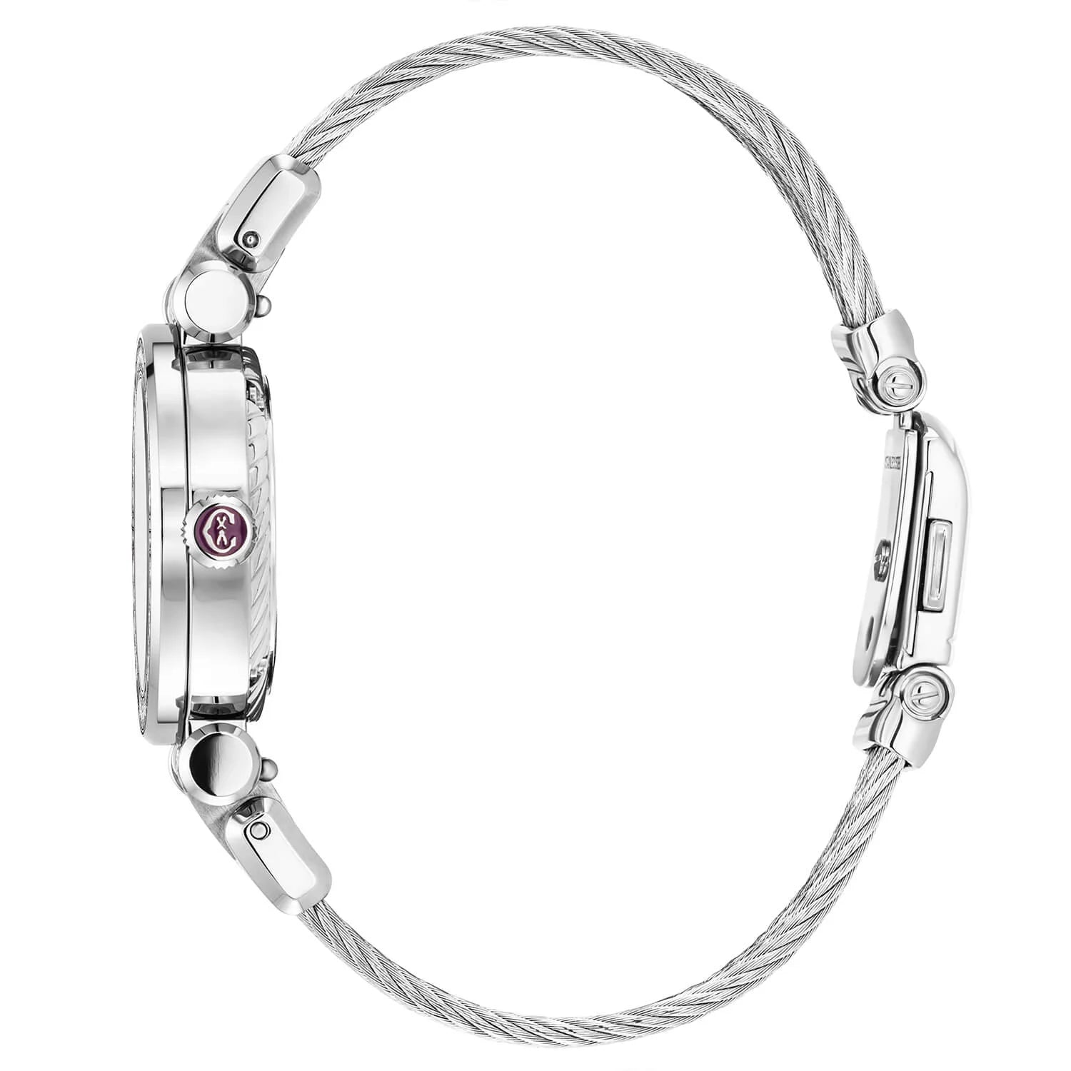 NAVIGATOR CRUISE, 28MM, QUARTZ CALIBRE, WHITE MOTHER-OF-PEARL WITH 12 ROMAN FIGURES DIAL, STEEL WITH 30 DIAMONDS BEZEL, STEEL INTERCHANGEABLE CABLE BRACELET - © 2024 Charriol -  Watch