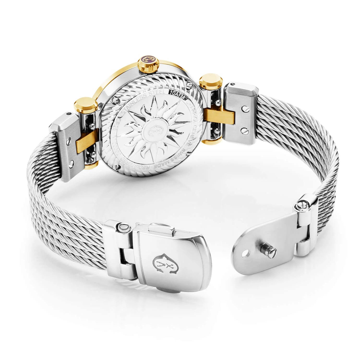 NAVIGATOR CRUISE, 28MM, QUARTZ CALIBRE, WHITE MOTHER-OF-PEARL WITH 12 ROMAN FIGURES DIAL, STEEL YELLOW GOLD PVD "CHARRIOL CHARRIOL" WITH 2 SCREWS BEZEL, STEEL INTERCHANGEABLE CABLE BRACELET WITH 2 YELLOW GOLD PVD ATTACHED - © 2024 Charriol -  Watch