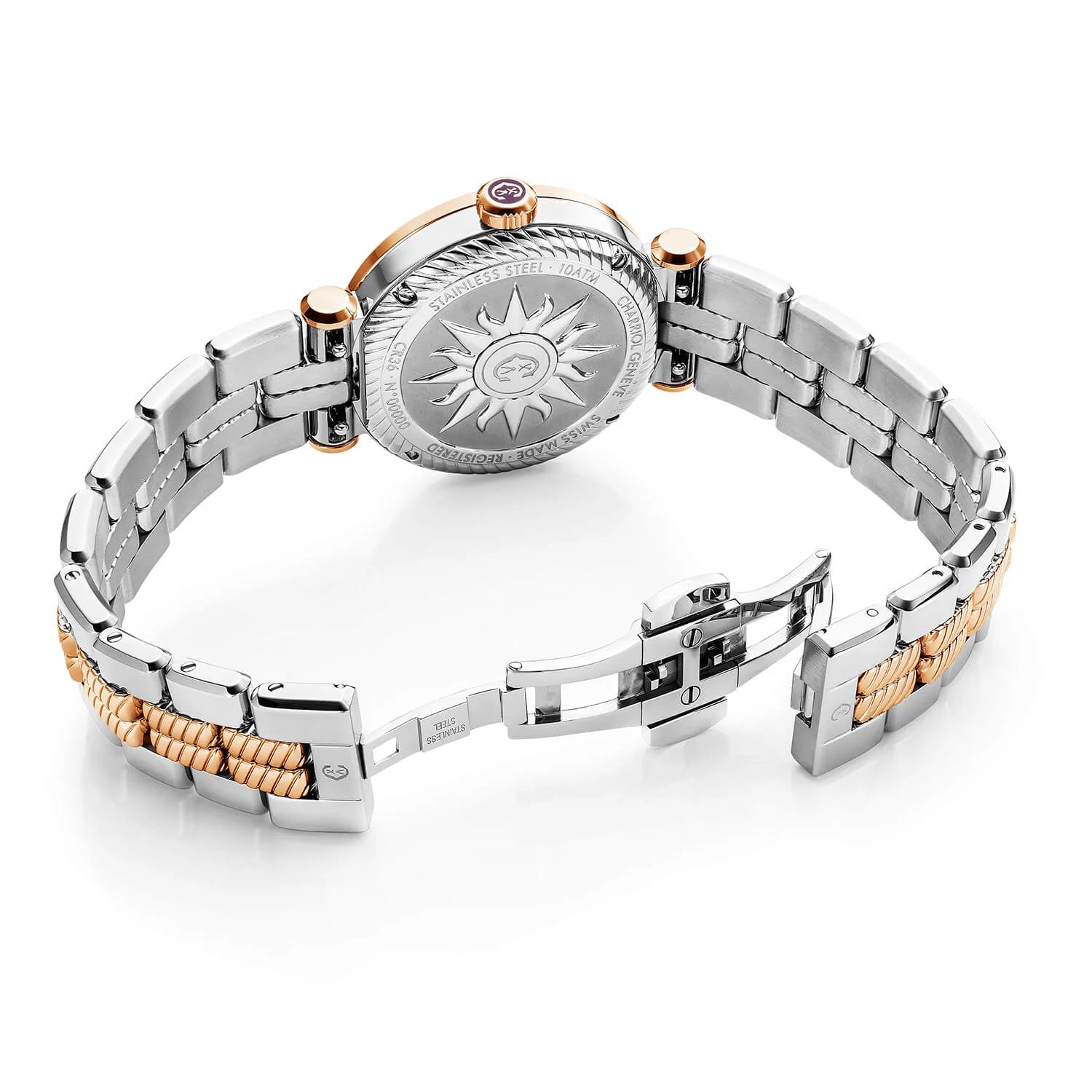 NAVIGATOR CRUISE, 36MM, QUARTZ CALIBRE, WHITE MOTHER-OF-PEARL WITH 10 DIAMONDS DIAL, STEEL ROSE GOLD PVD "CHARRIOL CHARRIOL" WITH 2 SCREWS BEZEL, METAL BICOLOR INTERCHANGEABLE BRACELET - © 2024 Charriol -  Watch