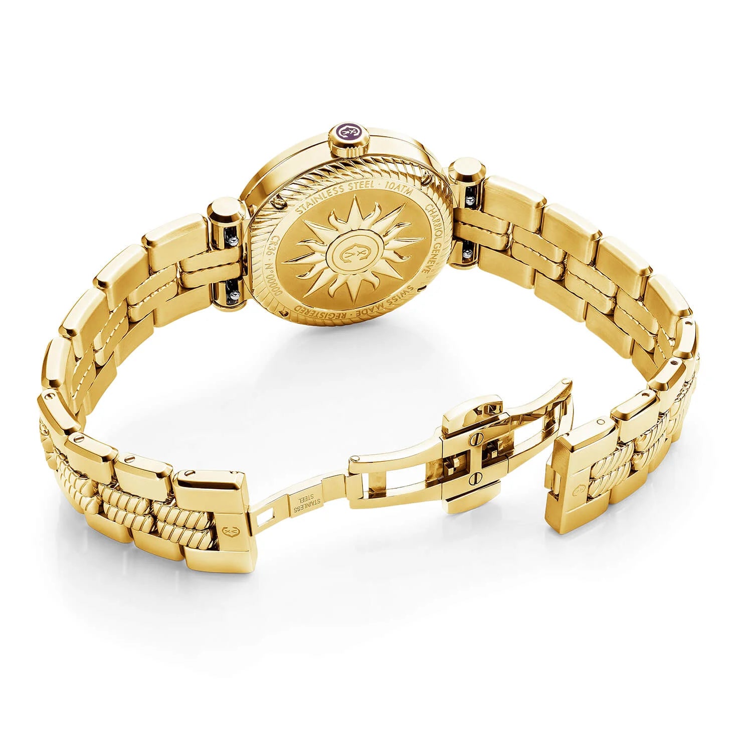 NAVIGATOR CRUISE, 36MM, QUARTZ CALIBRE, WHITE MOTHER-OF-PEARL WITH 12 ROMAN FIGURES DIAL, STEEL YELLOW GOLD PVD WITH 30 DIAMONDS & 6 SCREWS BEZEL, METAL YELLOW GOLD PVD INTERCHANGEABLE BRACELET - © 2024 Charriol -  Watch
