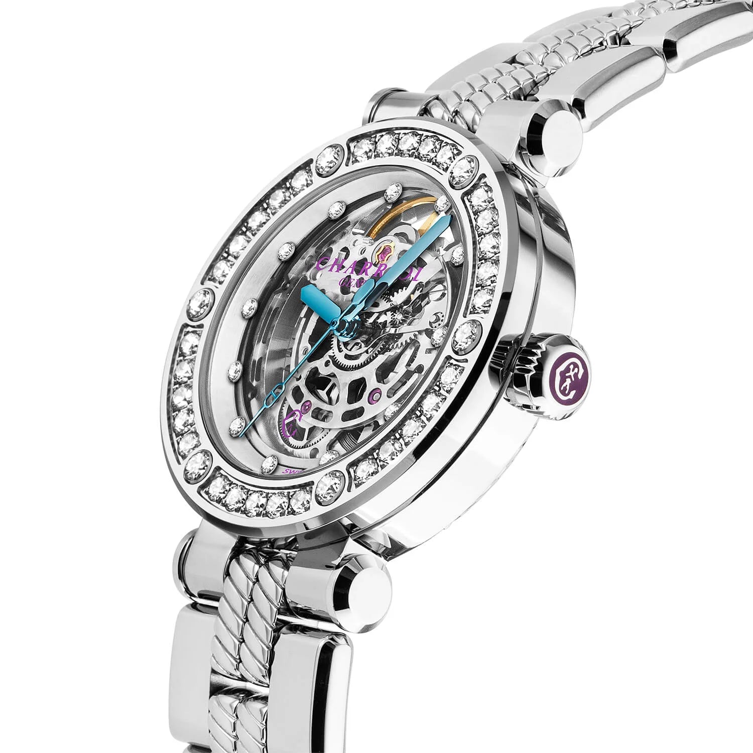 NAVIGATOR CRUISE, 36MM, CHARRIOL SKELETON AUTOMATIC CALIBRE, CRYSTAL WITH 12 DIAMONDS INDEX INNER RING DIAL, STEEL WITH 30 FULLCUTS DIAMONDS & 6 DIAMONDS, METAL INTERCHANGEABLE BRACELET - © 2024 Charriol -  Watch