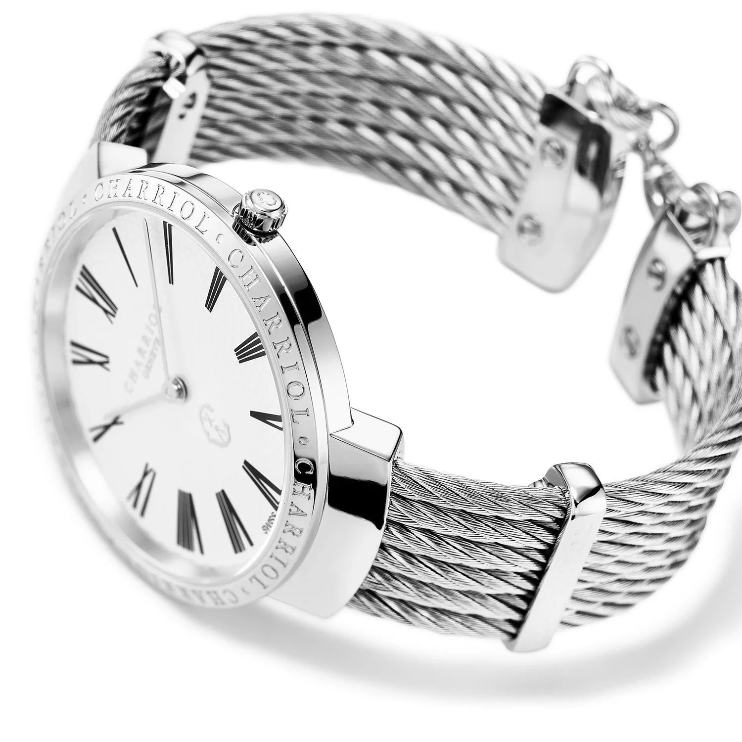 SLIM, 34MM, QUARTZ CALIBRE, WHITE EMBOSSED DIAL, "CHARRIOL CHARRIOL" BEZEL, STEEL CABLE BRACELET - Charriol Geneve -  Watch