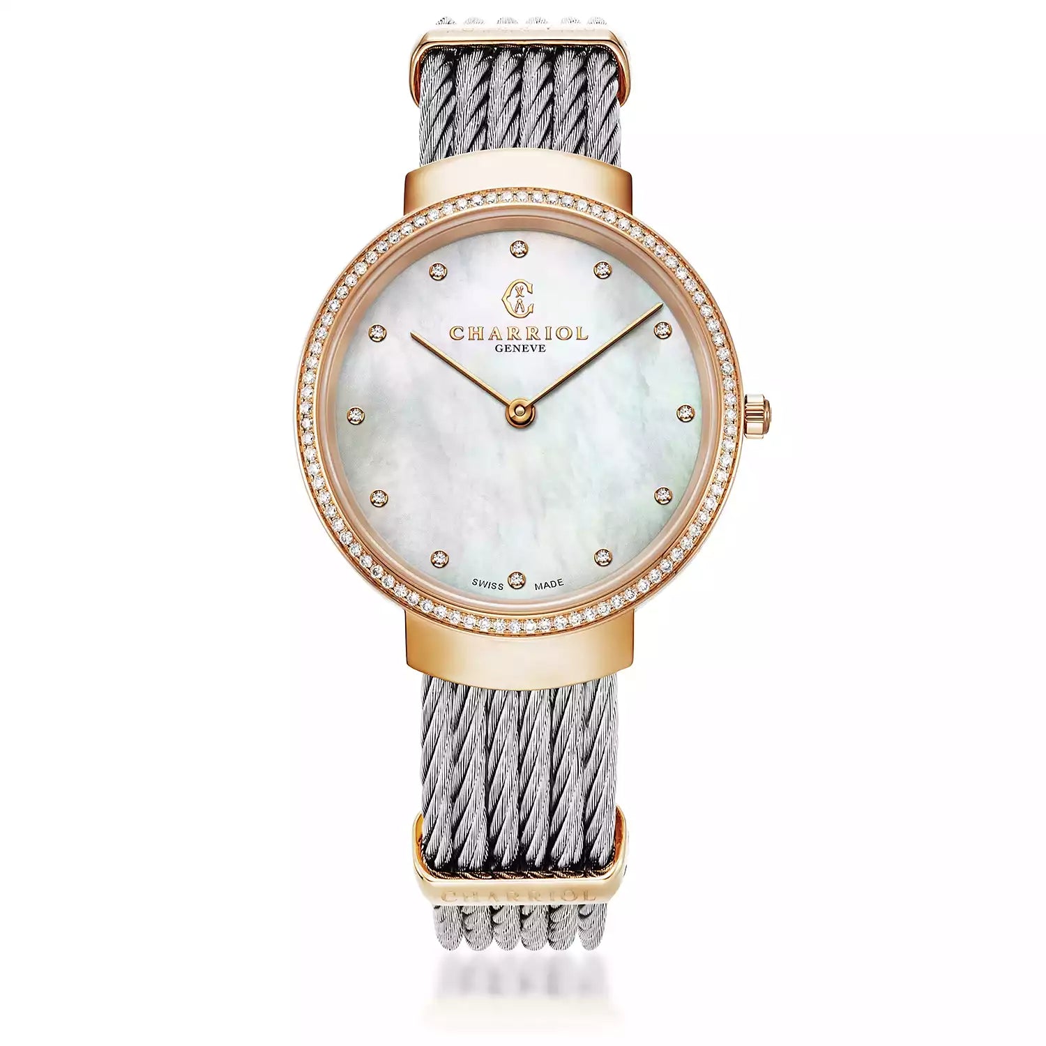 SLIM, 34MM, QUARTZ CALIBRE, WHITE MOTHER OF PEARL DIAL, STEEL ROSE GOLD PVD WITH 88 DIAMONDS BEZEL, STEEL CABLE BRACELET