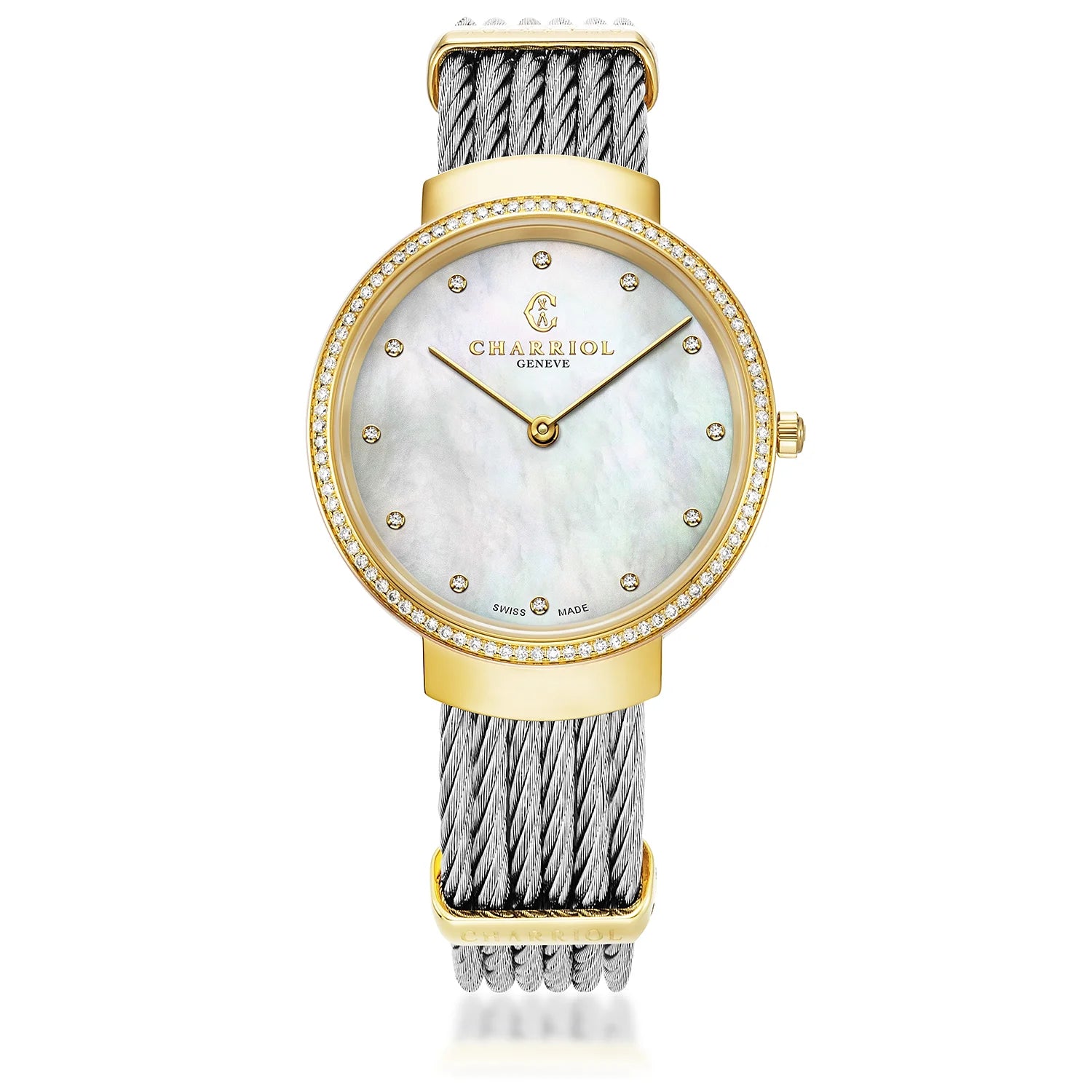 SLIM, 34MM, QUARTZ CALIBRE, WHITE MOTHER OF PEARL DIAL, STEEL YELLOW GOLD PVD WITH 88 DIAMONDS BEZEL, STEEL CABLE BRACELET - Charriol Geneve -  Watch
