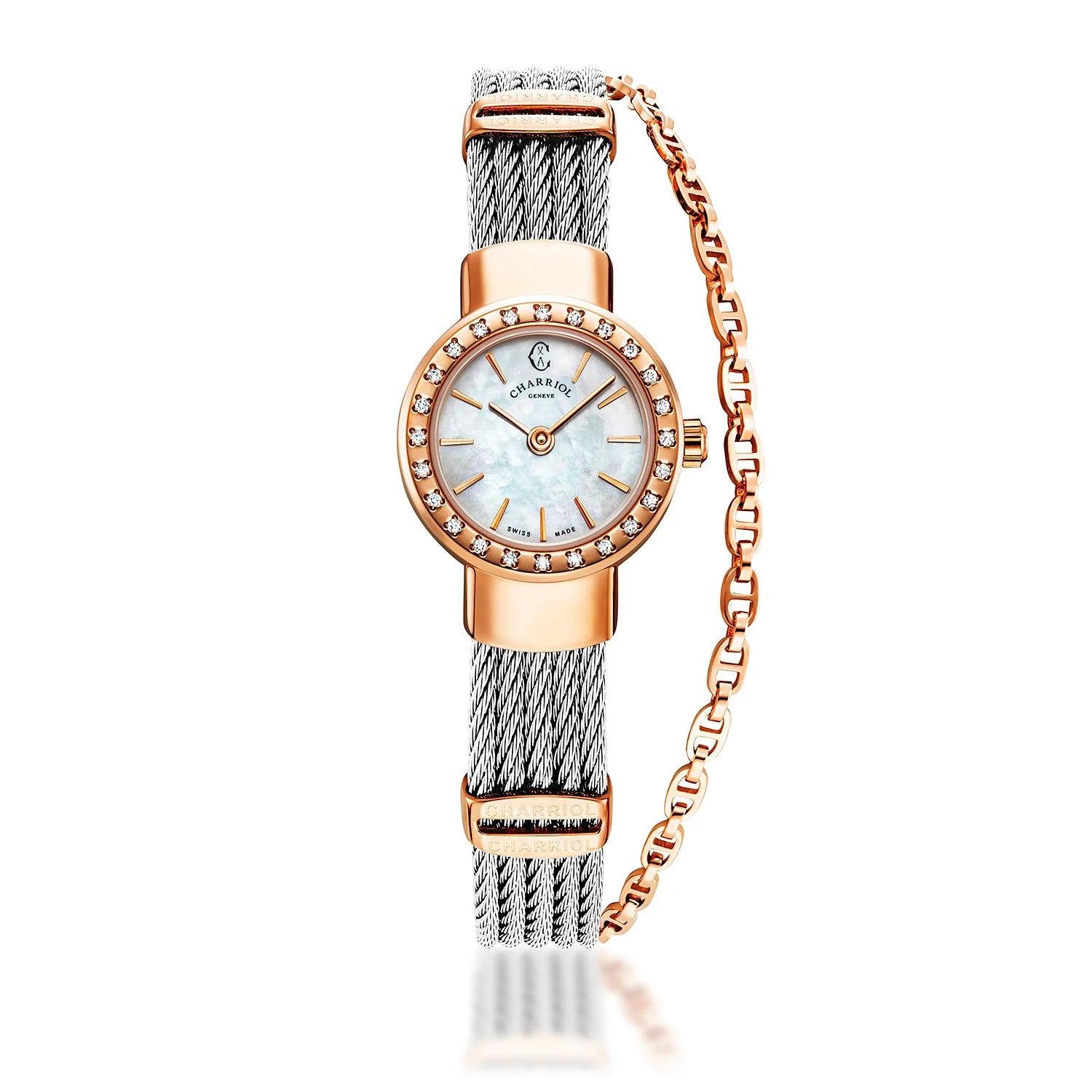 ST TROPEZ, 20MM, QUARTZ CALIBRE, MOTHER-OF-PEARL DIAL, STEEL ROSE GOLD PVD WITH 24 DIAMONDS BEZEL, STEEL CABLE BRACELET - Charriol Geneve -  Watch