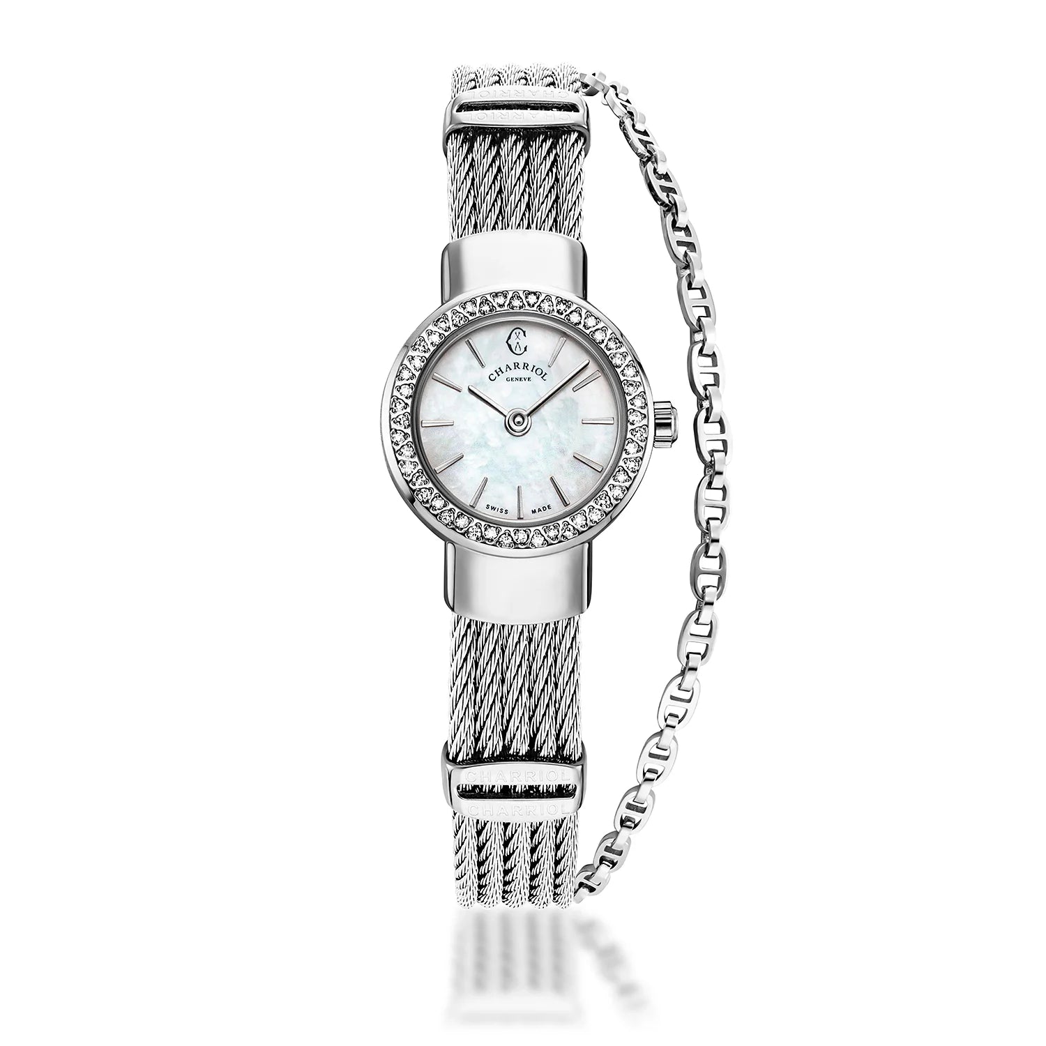 St Tropez Icon 20mm Watch Stainless Steel, Steel Cable, 48 Diamonds Bezel and White MOP Dial - Charriol Geneve -  Watch