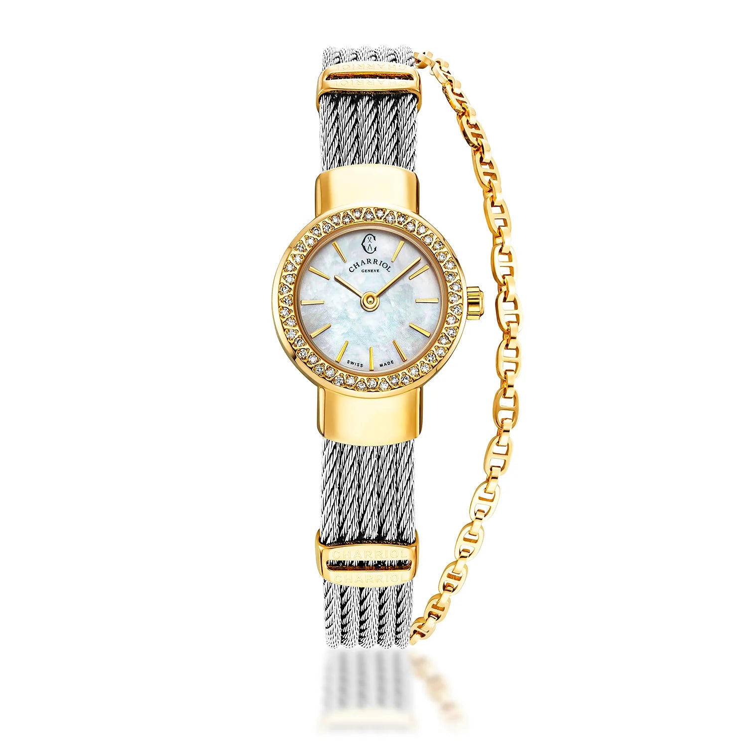 St Tropez Icon 20mm Watch Yellow Gold PVD, Steel Cable, 48 Diamonds Bezel and White MOP Dial - Charriol Geneve -  Watch