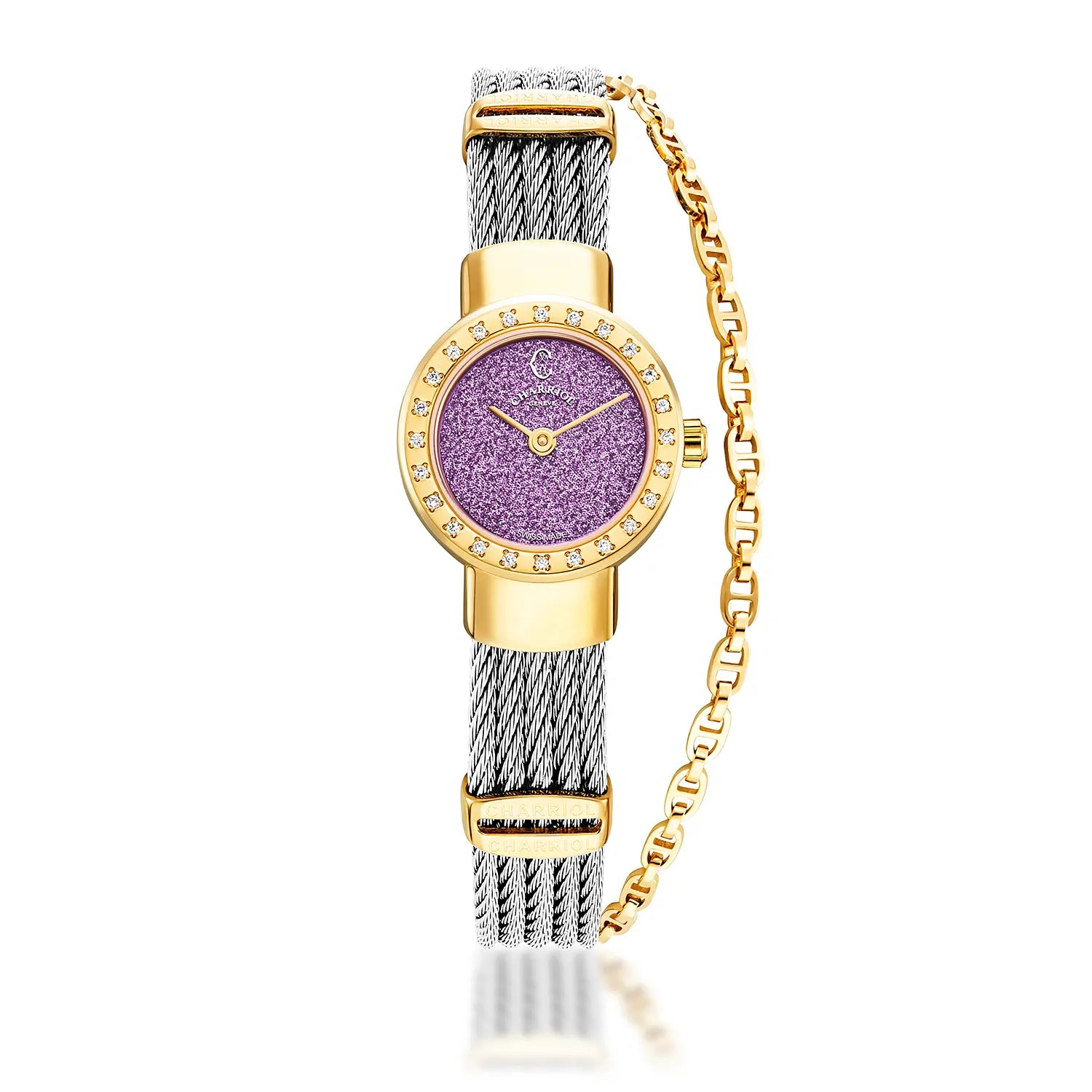 Elegant collection of Swiss Made watches ST TROPEZ GLITTERS 20MM QUARTZ CALIBRE PURPLE GLITTER DIAL YELLOW GOLD PVD WITH 24 DIAMONDS BEZEL STEEL CABLE BRACELET Charriol