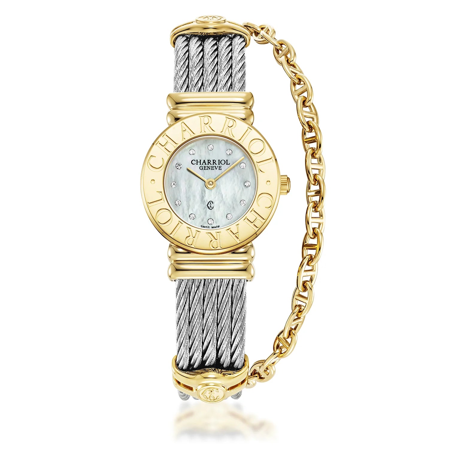 St Tropez Icon 24.5mm Watch Yellow Gold, Steel Cable, Charriol Bezel and 12 Diamonds White MOP Dial