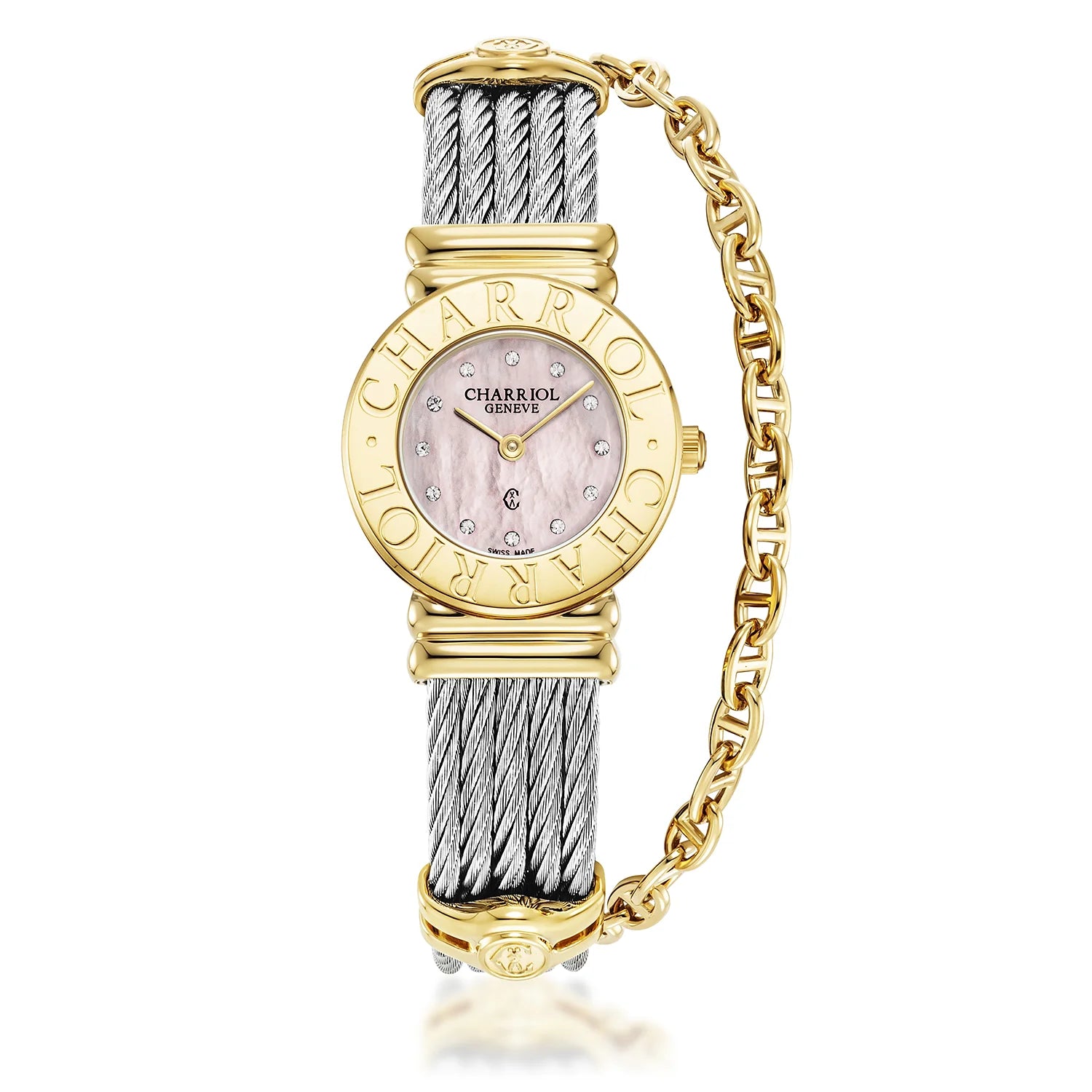 St Tropez Icon 24.5mm Watch Yellow Gold PVD, Steel Cable, Charriol Bezel and 12 Diamonds Pink MOP Dial - Charriol Geneve -  Watch