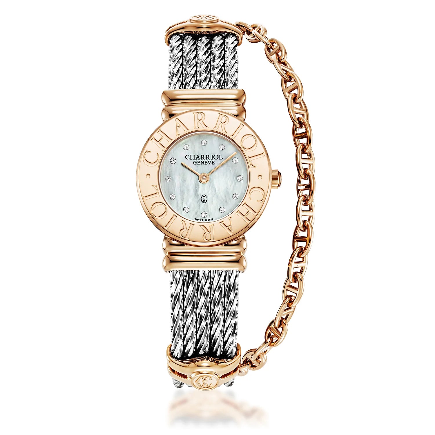 St Tropez Icon 24.5mm Watch Rose Gold PVD, Steel Cable, Charriol Bezel and 12 Diamonds White MOP Dial - Charriol Geneve -  Watch
