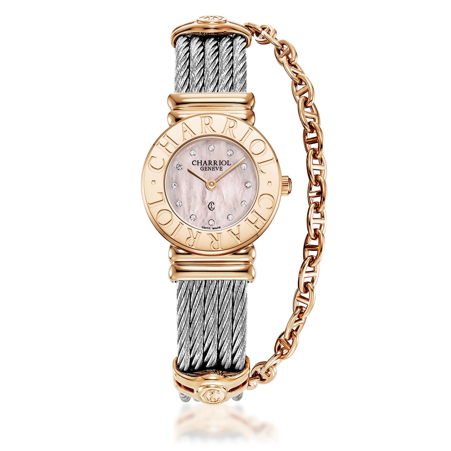 St Tropez Icon 24.5mm Watch Rose Gold PVD, Steel Cable, Charriol Bezel and 12 Diamonds Pink MOP Dial - Charriol Geneve -  Watch