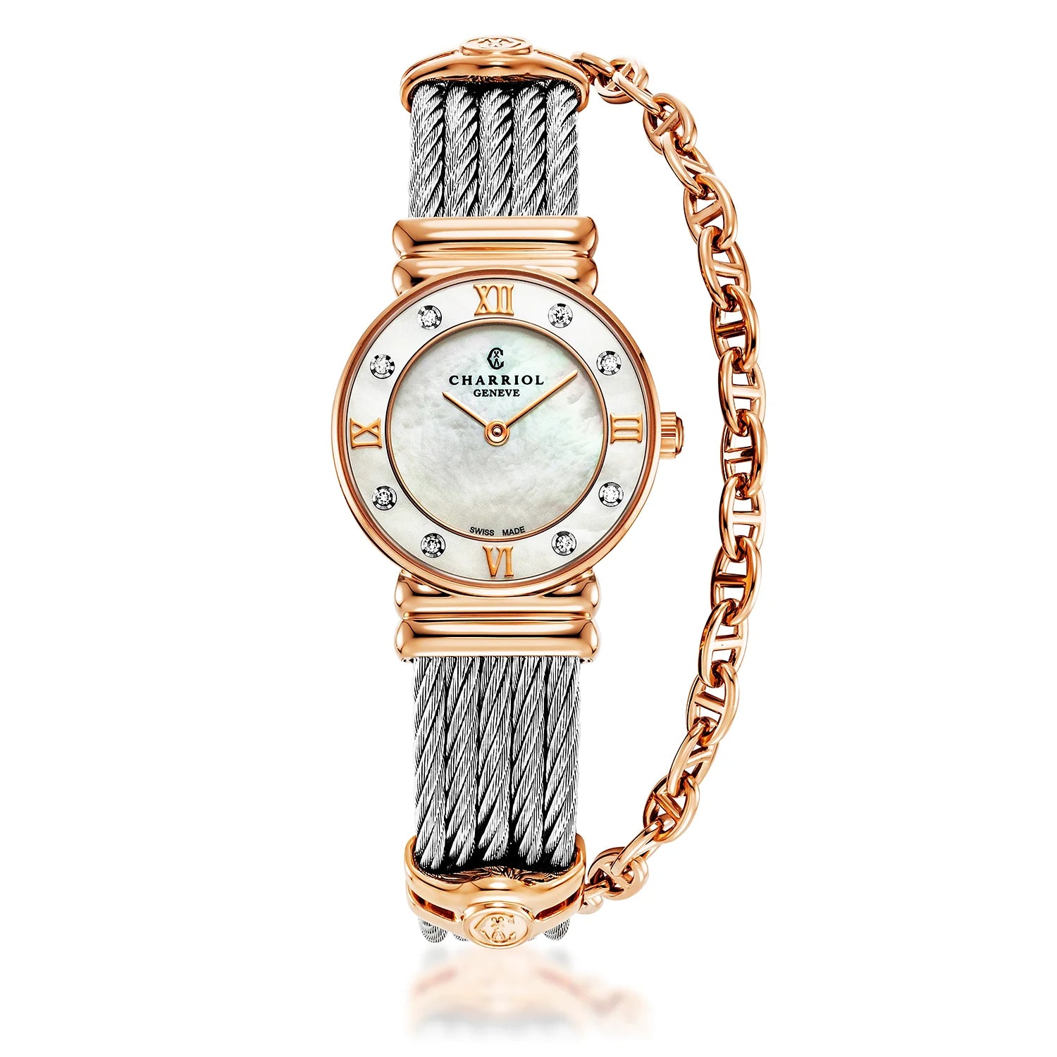 St Tropez Icon 24.5mm Watch Rose Gold PVD, Steel Cable, 8 Diamonds Bezel and White MOP dial - Charriol Geneve -  Watch