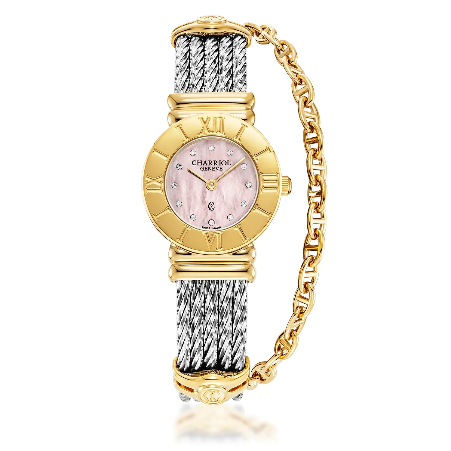 St Tropez Icon 24.5mm Watch Yellow Gold, Steel Cable, Roman Number Bezel and 12 Diamonds Pink MOP Dial - Charriol Geneve -  Watch