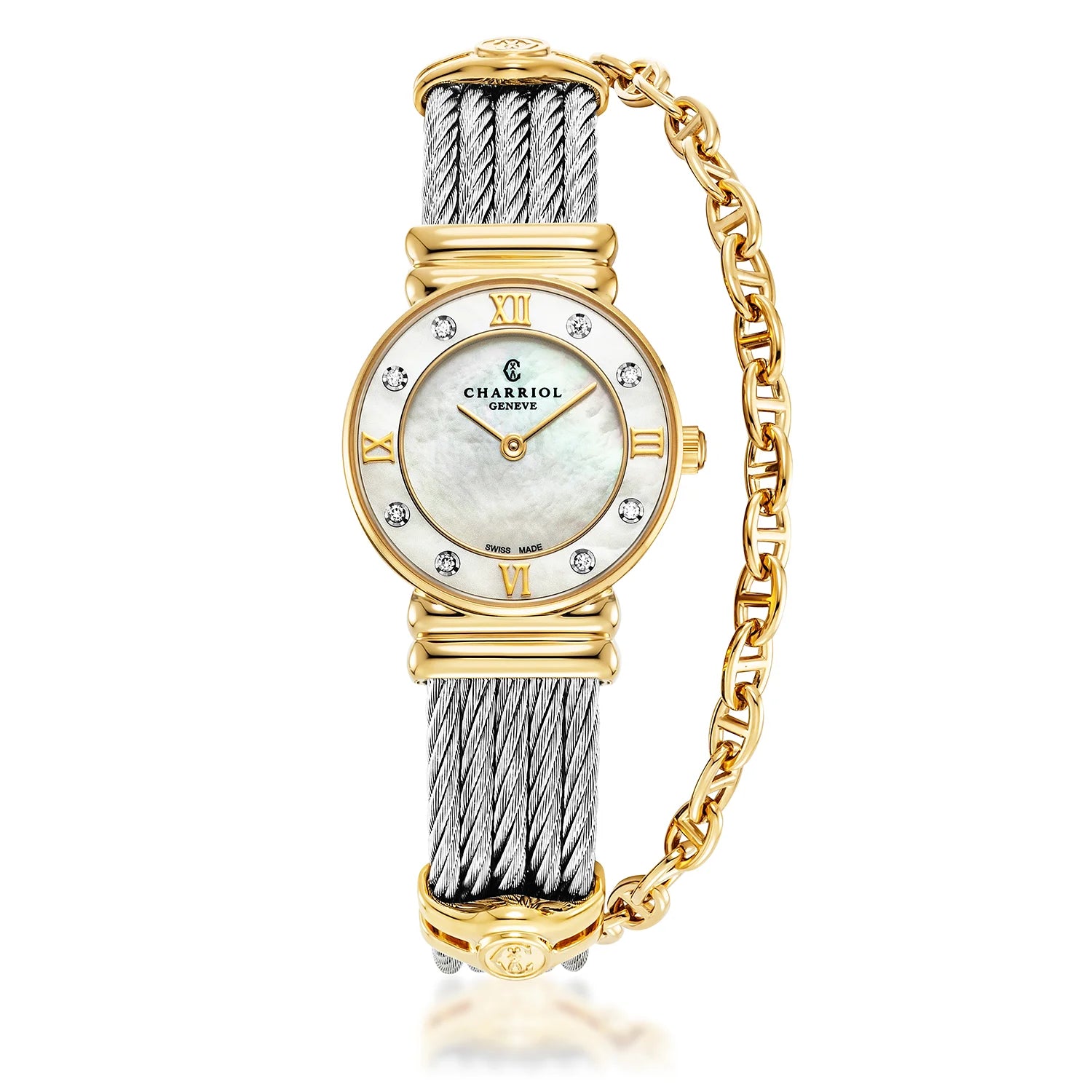 St Tropez Icon 24.5mm Watch Yellow Gold PVD, Steel Cable, 8 Diamonds Bezel and White MOP Dial - Charriol Geneve -  Watch
