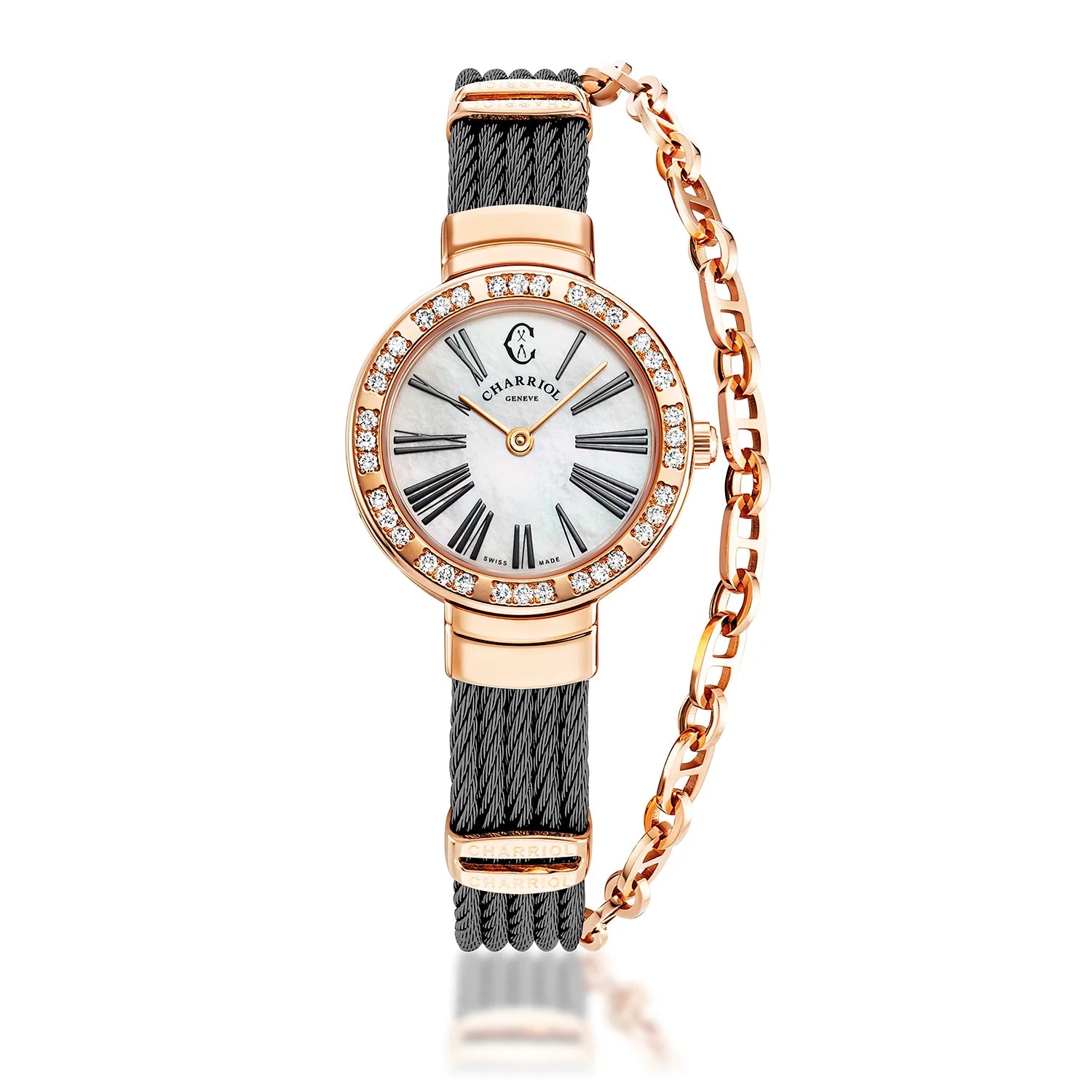 ST TROPEZ, 25MM, QUARTZ CALIBRE, WHITE MOTHER-OF-PEARL DIAL WITH ROMAN NUMERALS, ROSE GOLD PVD WITH 36 DIAMONDS BEZEL, STEEL BLACK PVD CABLE BRACELET - Charriol Geneve -  Watch