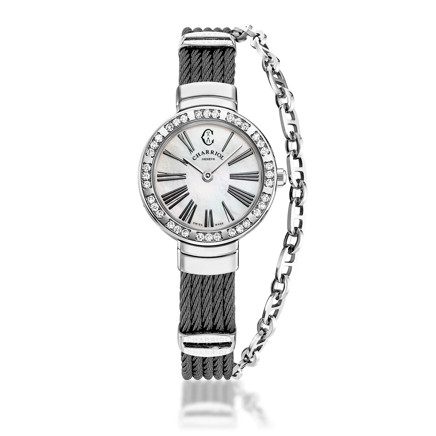 ST TROPEZ, 25MM, QUARTZ CALIBRE, WHITE MOTHER-OF-PEARL WITH ROMAN NUMERALS DIAL, STEEL WITH 36 DIAMONDS BEZEL, STEEL BLACK PVD CABLE BRACELET - Charriol Geneve -  Watch
