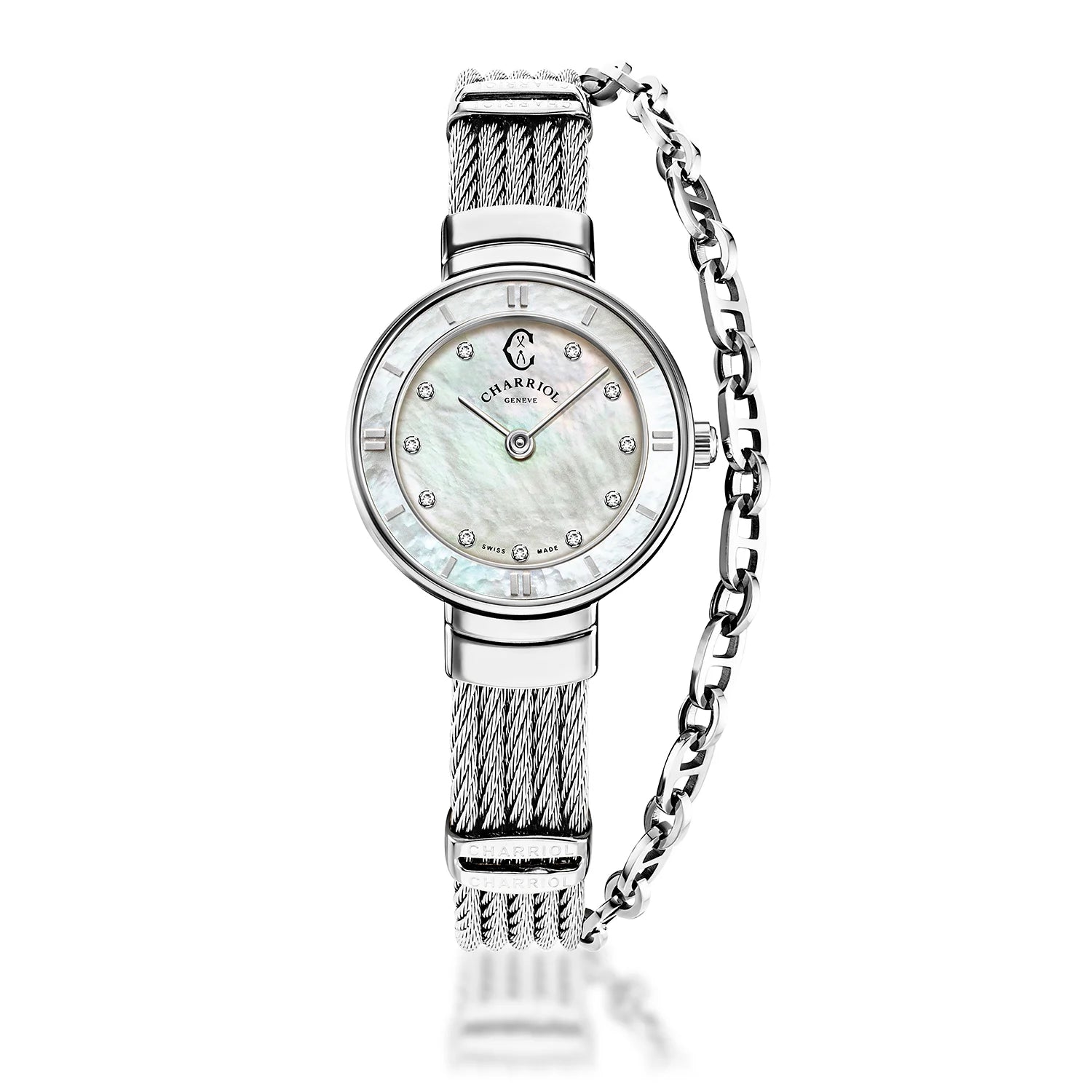 ST TROPEZ, 25MM, QUARTZ CALIBRE, MOTHER-OF-PEARL WITH 11 DIAMONDS DIAL, MOTHER-OF-PEARL BEZEL, STEEL CABLE BRACELET - Charriol Geneve -  Watch