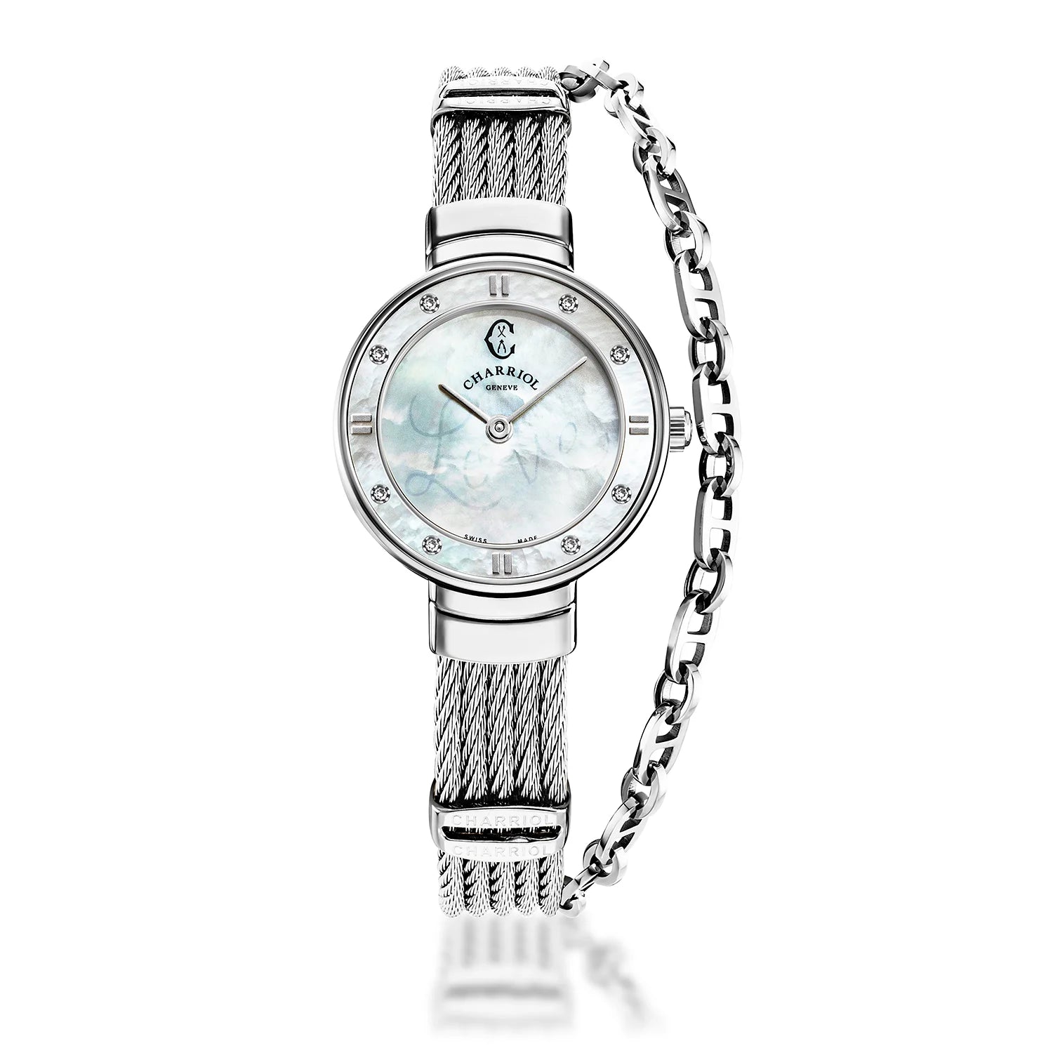 ST TROPEZ, 25MM, QUARTZ CALIBRE, WHITE MOTHER-OF-PEARL WITH LUMINESCENT "LOVE" DIAL, WHITE MOTHER-OF-PEARL WITH 8 DIAMONDS BEZEL, STEEL CABLE BRACELET - Charriol Geneve -  Watch