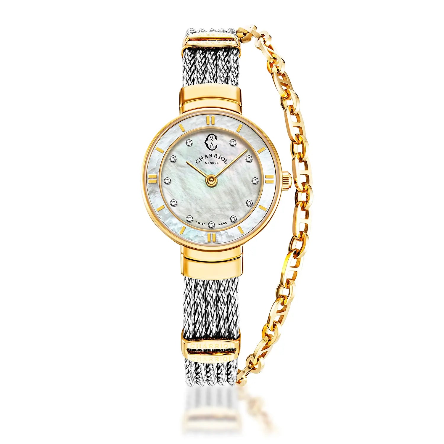 ST TROPEZ, 25MM, QUARTZ CALIBRE, MOTHER-OF-PEARL WITH 11 DIAMONDS DIAL, YELLOW GOLD PVD BEZEL, STEEL CABLE BRACELET - Charriol Geneve -  Watch