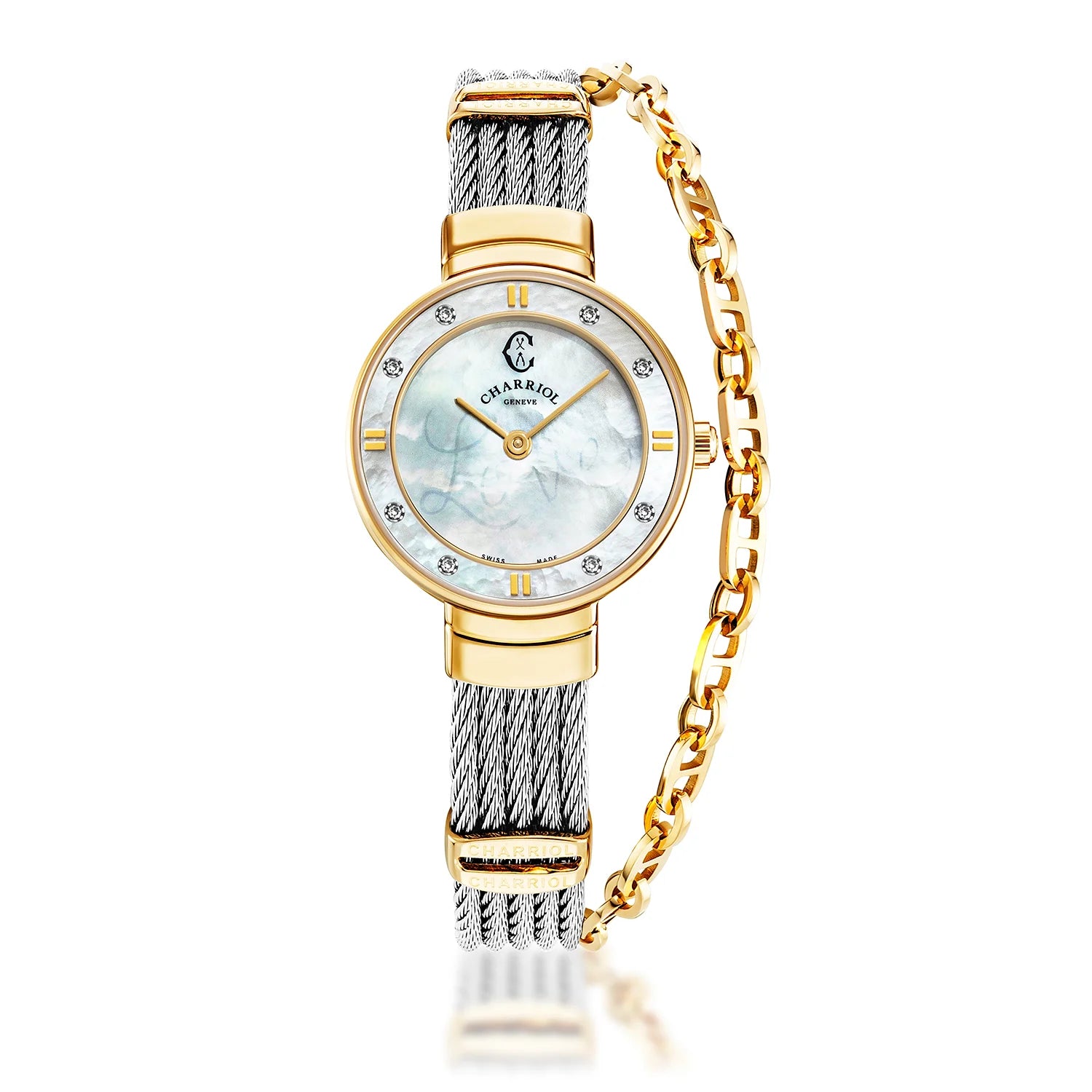 ST TROPEZ, 25MM, QUARTZ CALIBRE, WHITE MOTHER-OF-PEARL WITH LUMINESCENT "LOVE" DIAL, WHITE MOTHER-OF-PEARL WITH 8 DIAMONDS BEZEL, STEEL CABLE BRACELET - Charriol Geneve -  Watch