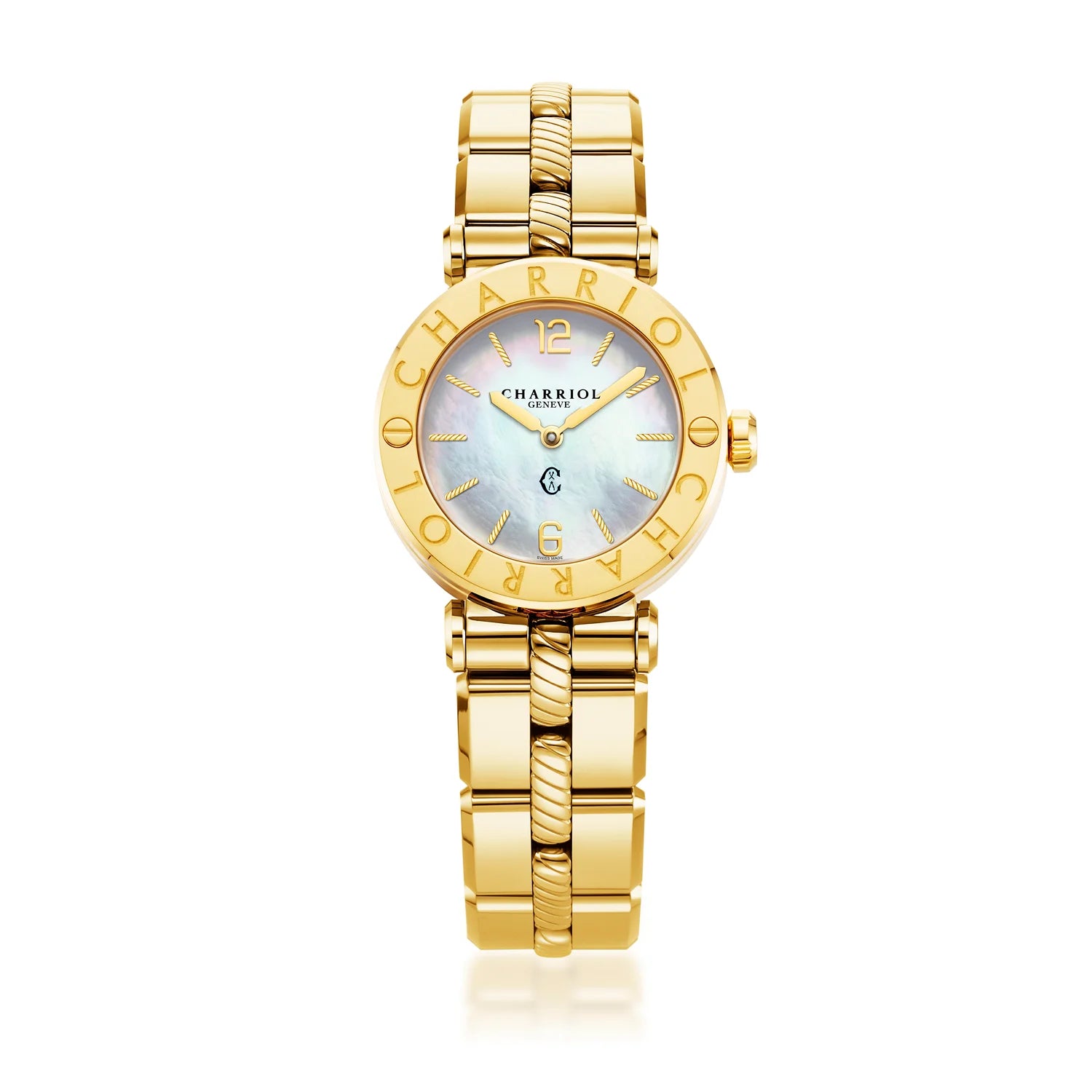 St Tropez Cruise Watch White and Yellow GoldSt Tropez Cruise 28mm Watch Yellow Gold Bracelet, Yellow Gold & 2 Screws Bezel and White MOP Dial - Charriol Geneve -  Watch