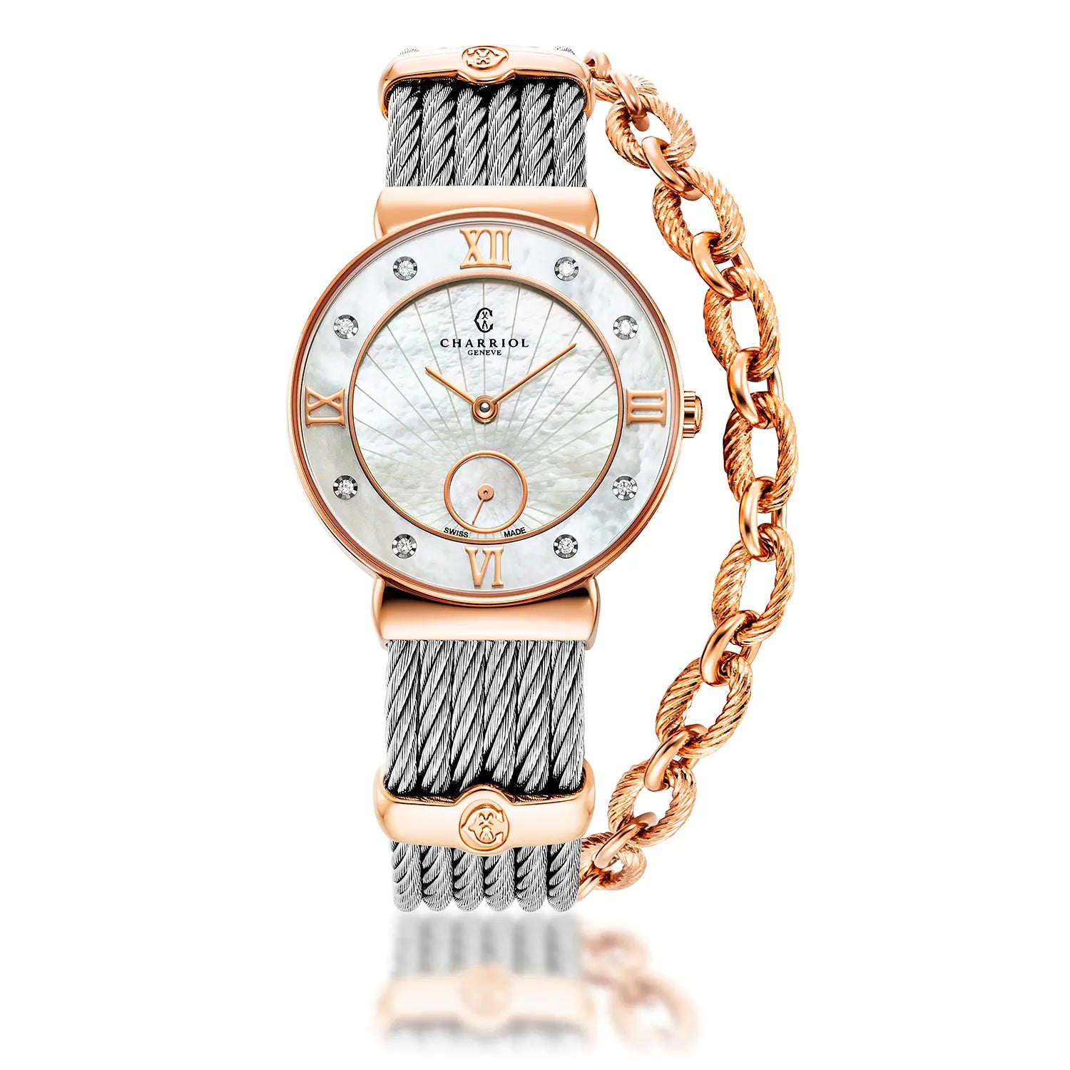 ST TROPEZ ICON, 30MM, QUARTZ CALIBRE, MOTHER-OF-PEARL SUNSHINE DIAL, MOTHER-OF-PEARL WITH 8 DIAMONDS BEZEL, STEEL CABLE BRACELET - Charriol Geneve -  Watch