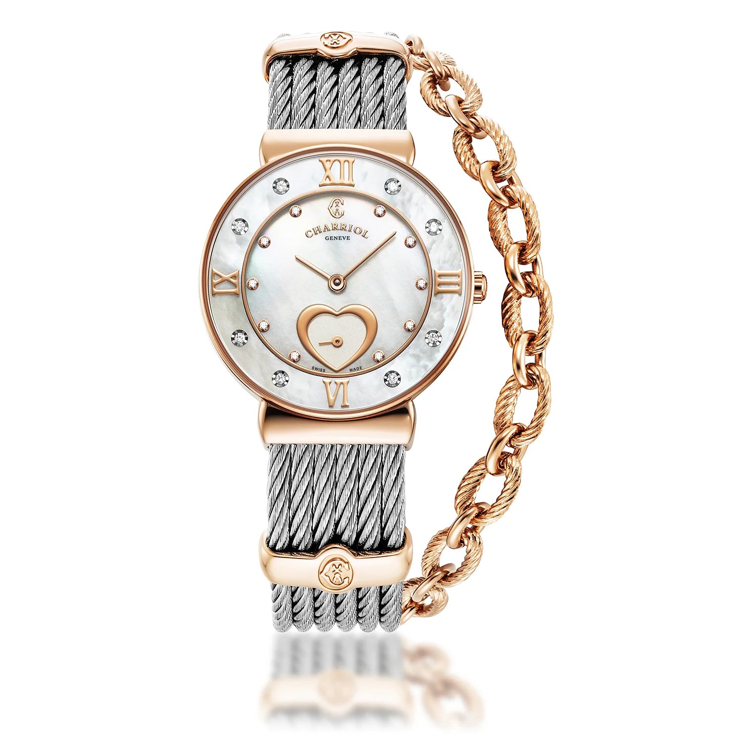 ST TROPEZ ICON, 30MM, QUARTZ CALIBRE, MOTHER-OF-PEARL HEART DIAL, MOTHER-OF-PEARL WITH 8 DIAMONDS BEZEL, STEEL CABLE BRACELET - Charriol Geneve -  Watch