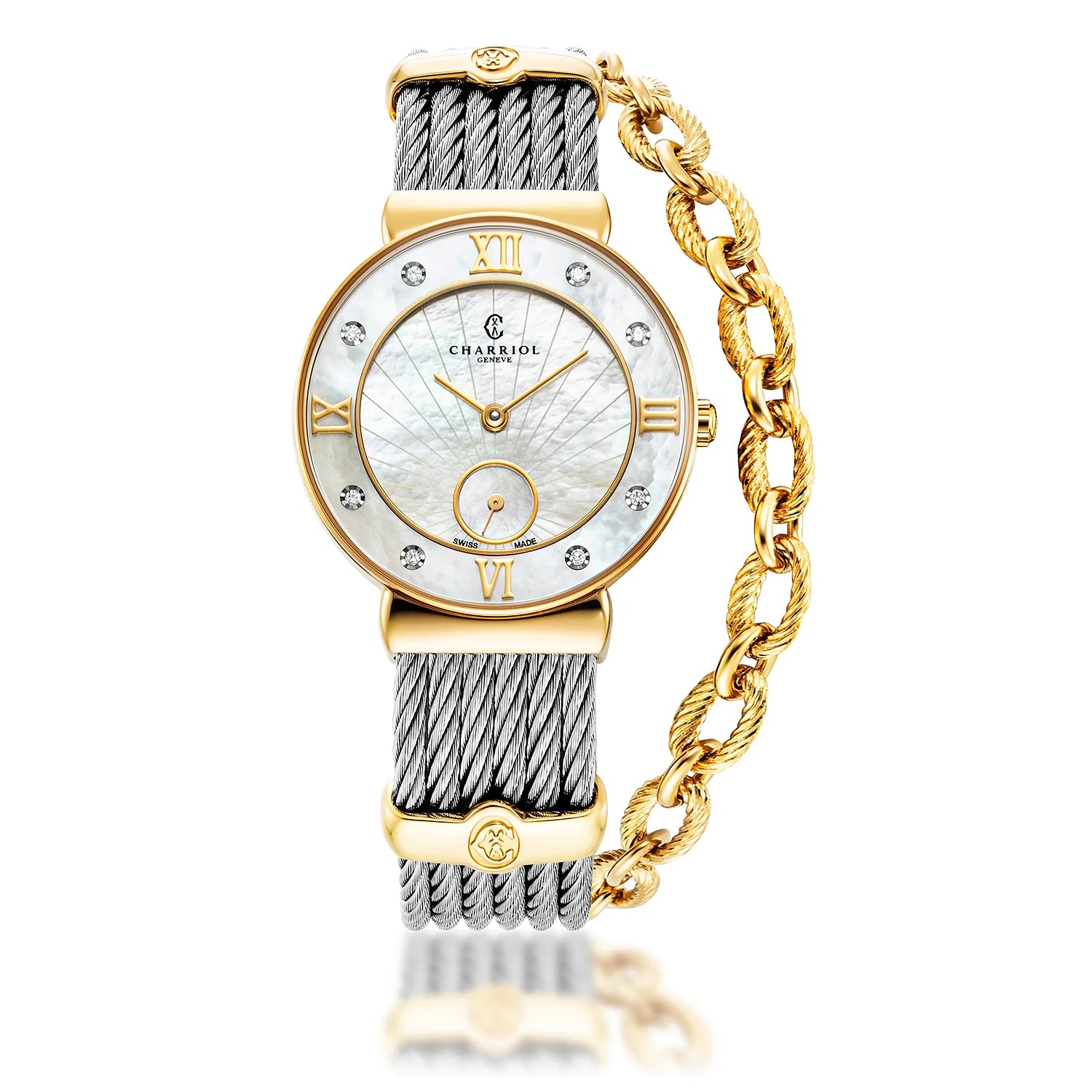 ST TROPEZ ICON, 30MM, QUARTZ CALIBRE, MOTHER-OF-PEARL SUNSHINE DIAL, MOTHER-OF-PEARL WITH 8 DIAMONDS BEZEL, STEEL CABLE BRACELET - Charriol Geneve -  Watch