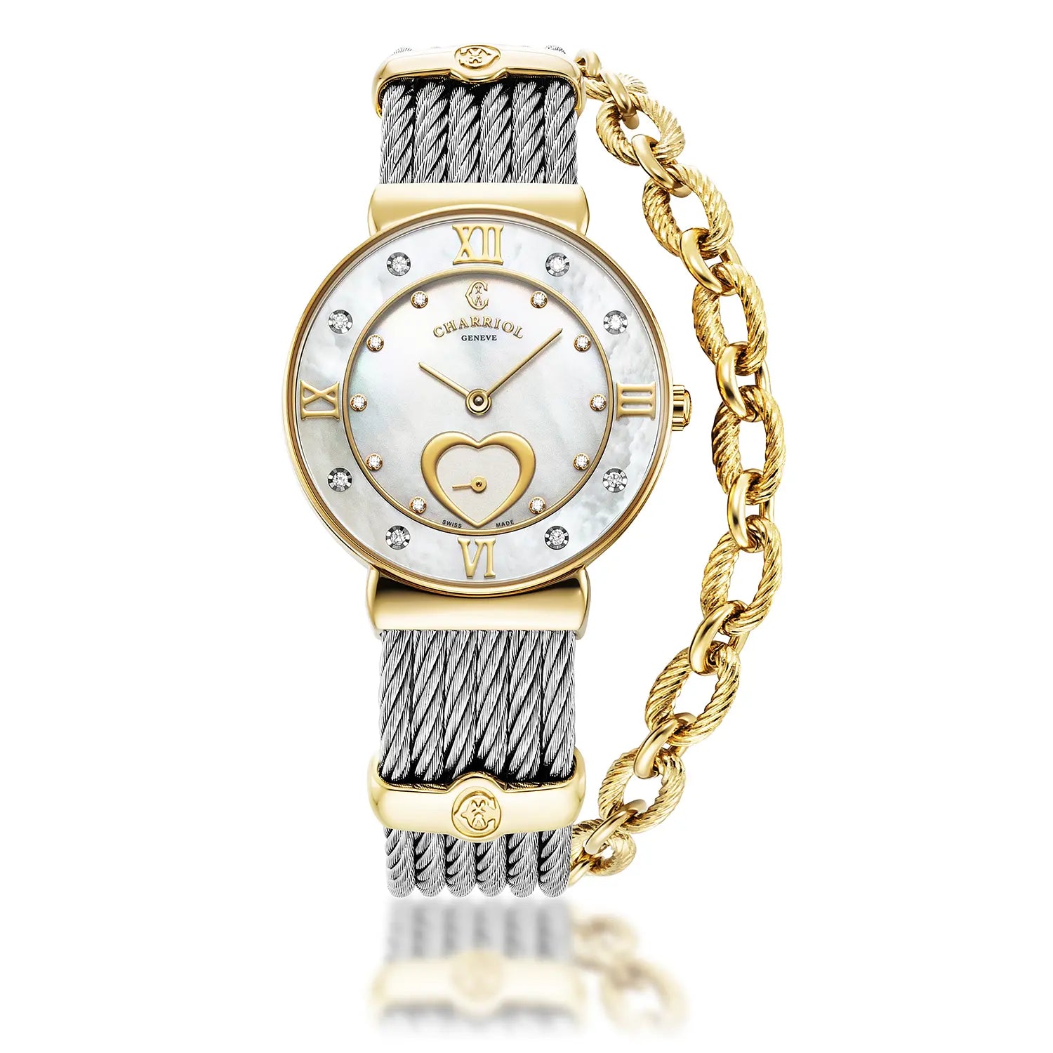 ST TROPEZ ICON, 30MM, QUARTZ CALIBRE, MOTHER-OF-PEARL HEART DIAL, MOTHER-OF-PEARL WITH 8 DIAMONDS BEZEL, STEEL CABLE BRACELET - Charriol Geneve -  Watch