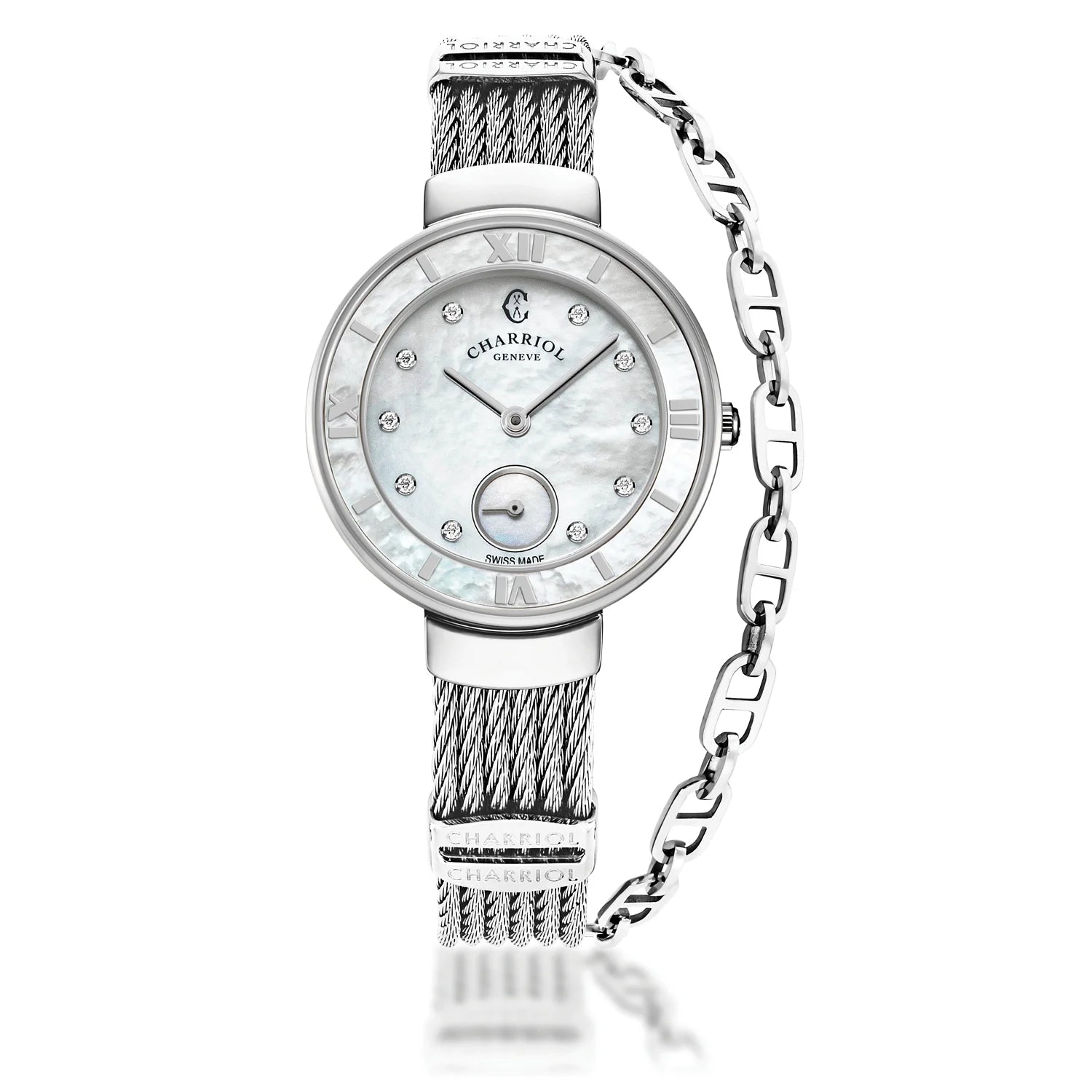 ST TROPEZ, 30MM, QUARTZ CALIBRE, MOTHER-OF-PEARL WITH 10 DIAMONDS, MOTHER-OF-PEARL BEZEL, STEEL CABLE BRACELET - Charriol Geneve -  Watch