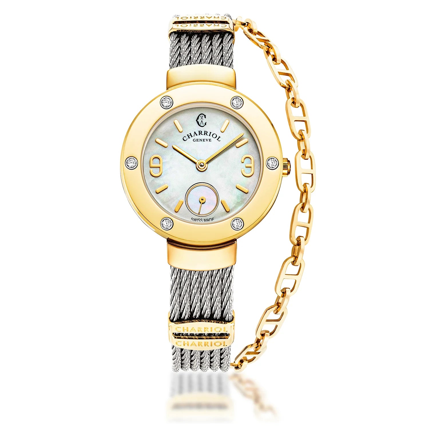ST TROPEZ, 30MM, QUARTZ CALIBRE, MOTHER-OF-PEARL DIAL, YELLOW GOLD PVD WITH 6 DIAMONDS BEZEL, STEEL CABLE BRACELET - Charriol Geneve -  Watch