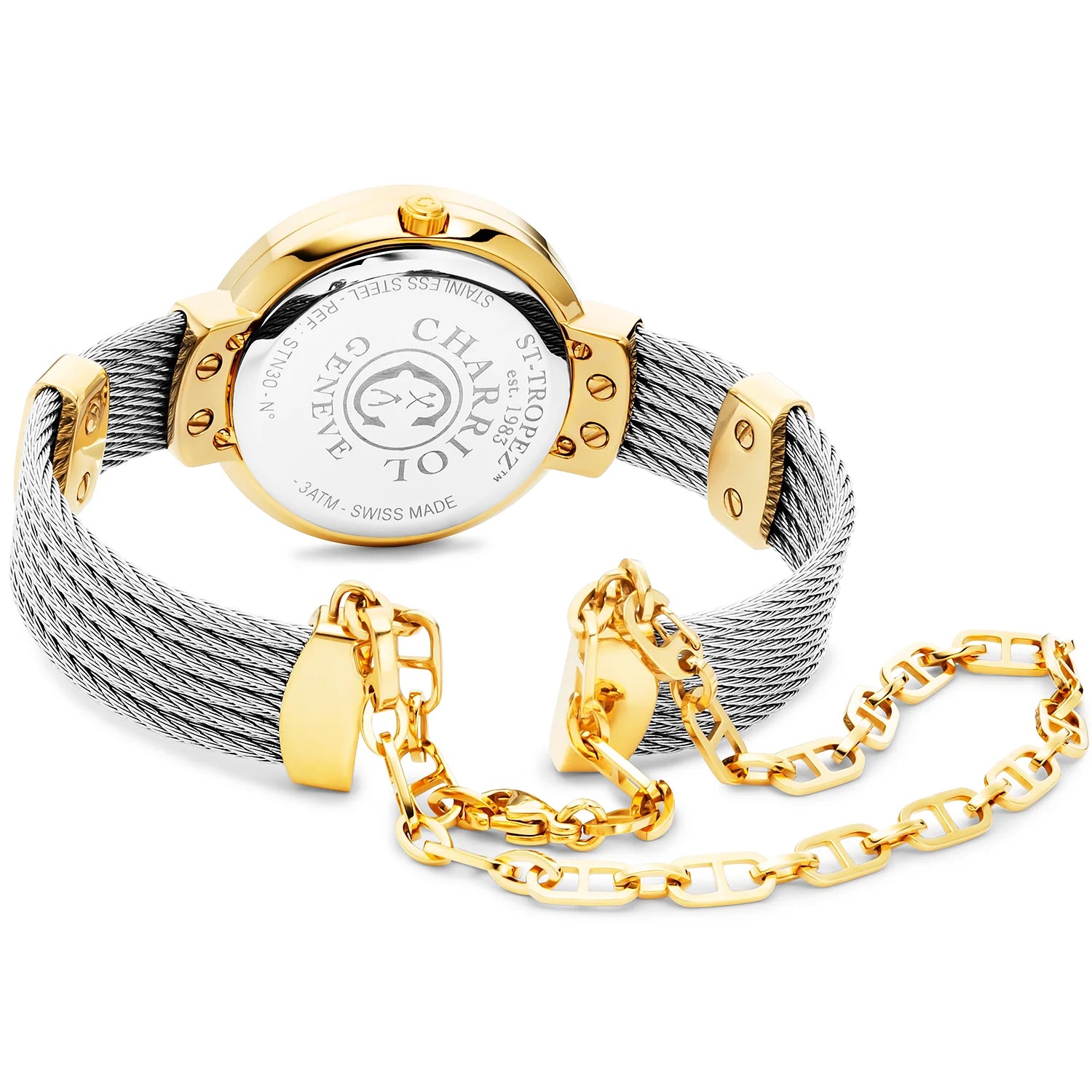 ST TROPEZ, 30MM, QUARTZ CALIBRE, MOTHER-OF-PEARL DIAL, YELLOW GOLD PVD WITH 6 SCREWS BEZEL, STEEL CABLE BRACELET - Charriol Geneve -  Watch